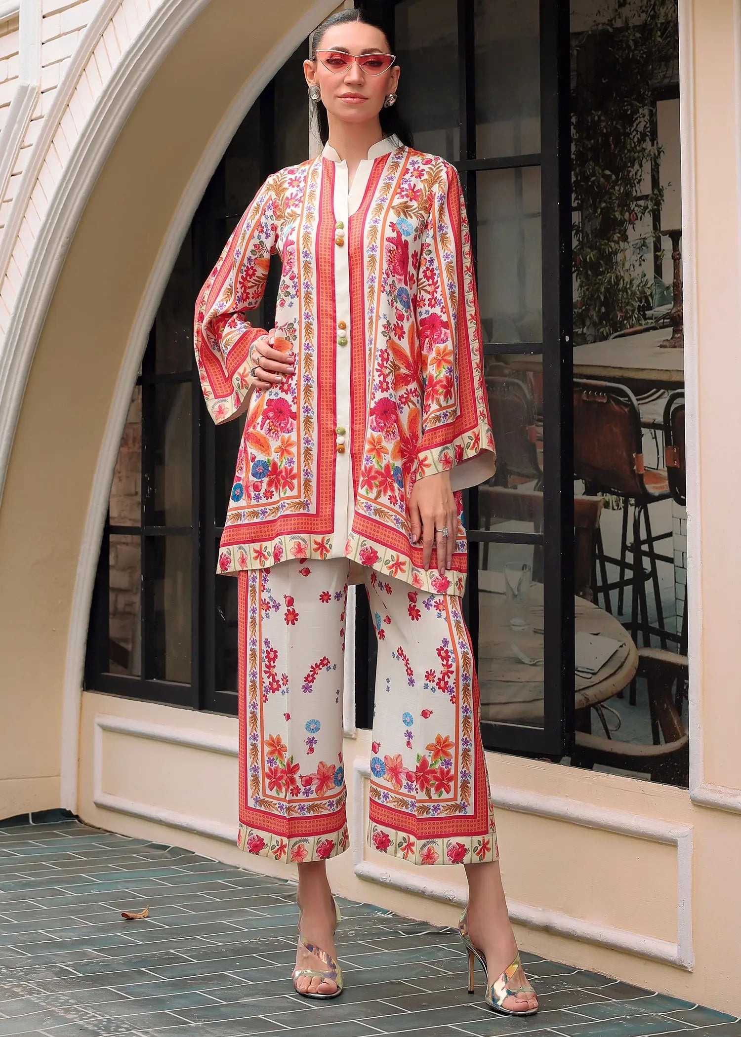 Pakistani Off-White Printed PK Raw Silk Coord Set (2-Piece) - Image 1