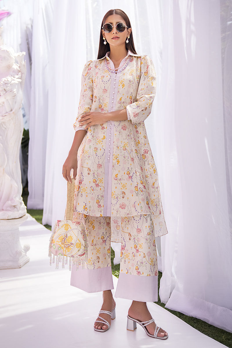 Pakistani Ivory Floral Pure Silk Co-ord Set (2-Piece) - Image 1