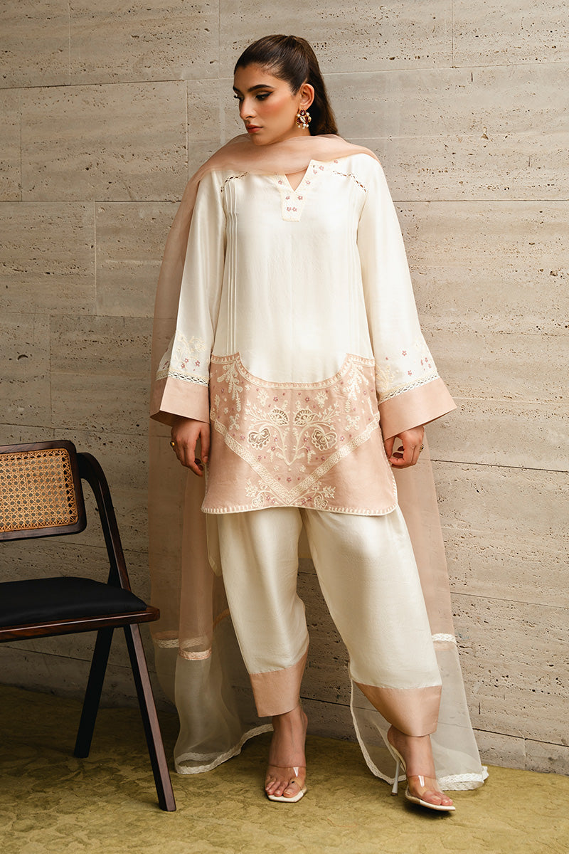 Nude Pink & Ivory Aari Embroidered Raw Silk Salwar Kameez (3-Piece) - Image 7