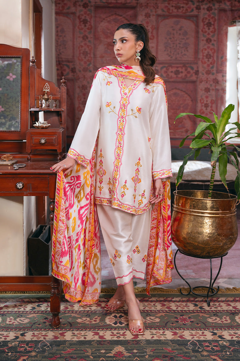 Ivory Aari Embroidered Raw Silk Salwar Kameez (3-Piece) - Image 1
