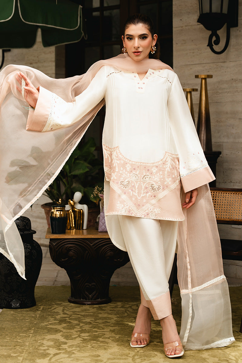 Pakistani Nude Pink & Ivory Aari Embroidered Raw Silk Salwar Kameez (3-Piece) - Image 1