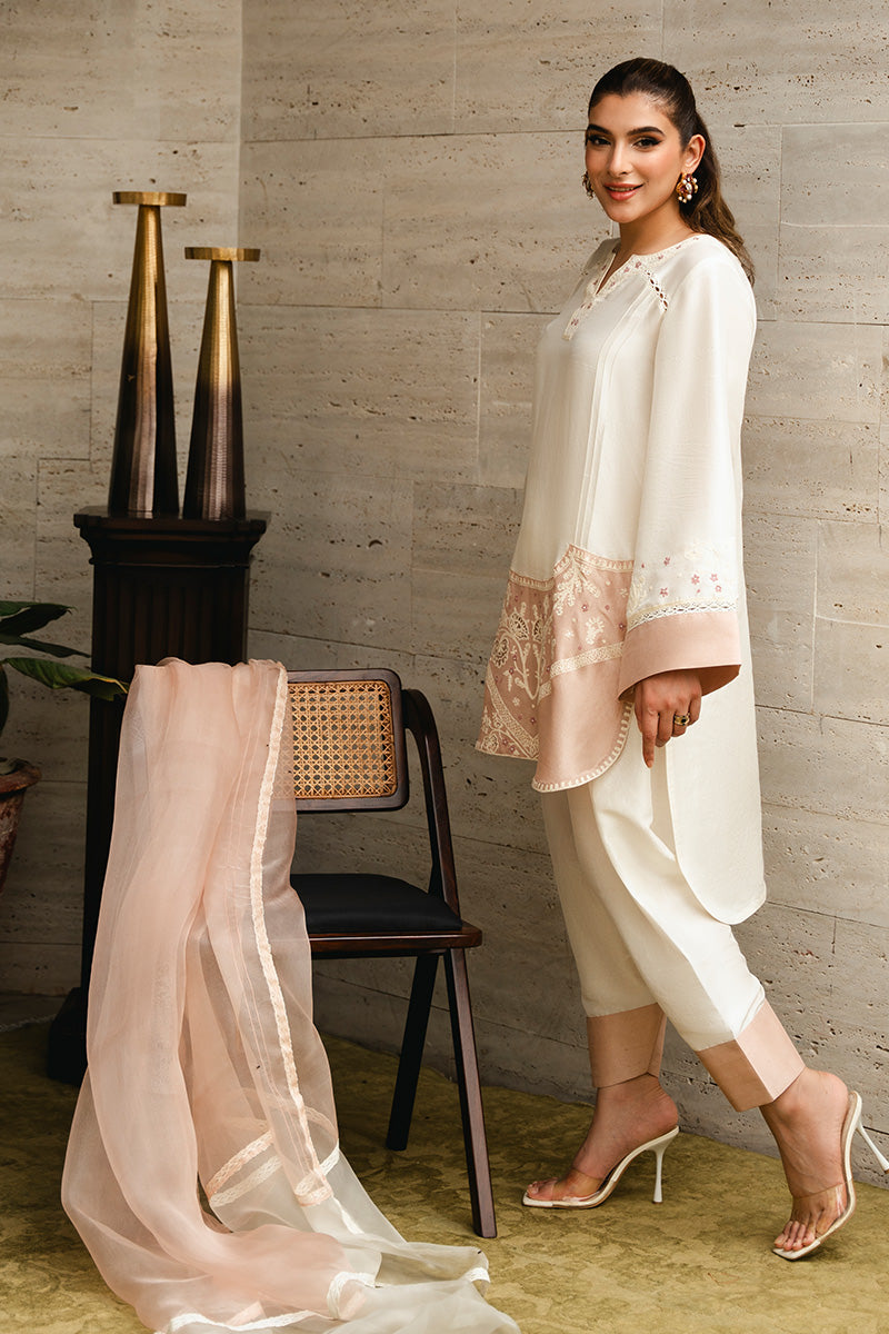 Pakistani Nude Pink & Ivory Aari Embroidered Raw Silk Salwar Kameez (3-Piece) - Image 7