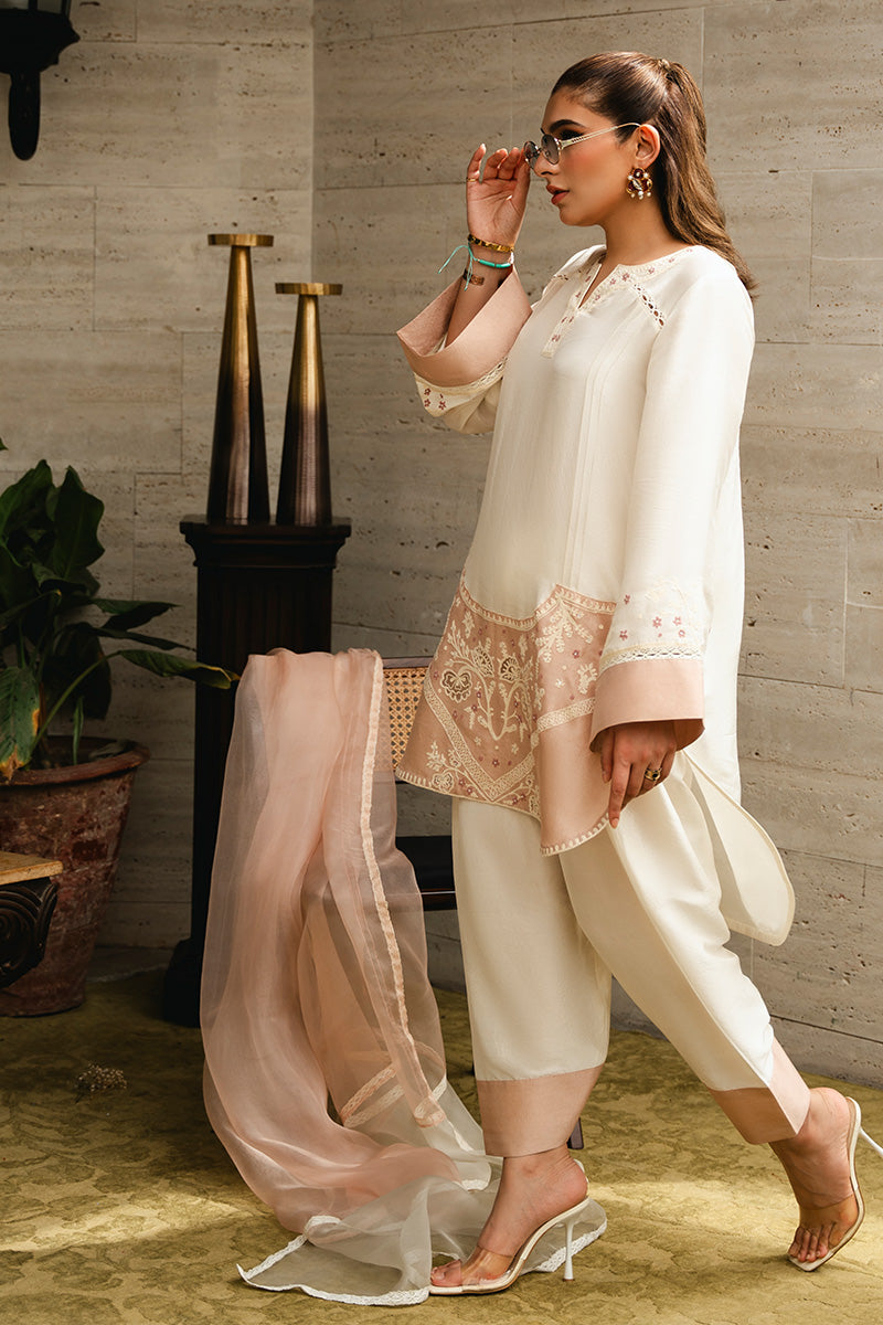 Pakistani Nude Pink & Ivory Aari Embroidered Raw Silk Salwar Kameez (3-Piece) - Image 9