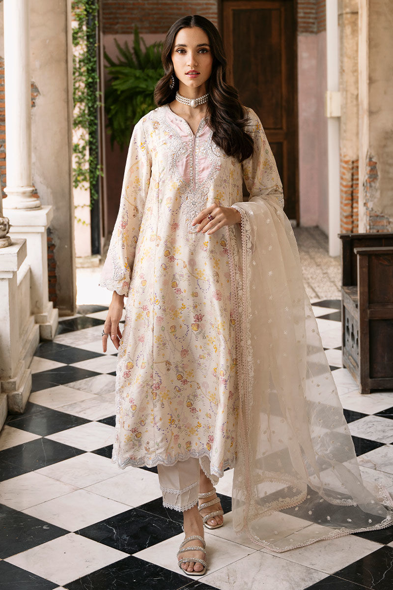 Pakistani Off-White Embroidered Raw Silk Salwar Kameez (3-Piece) - Image 1