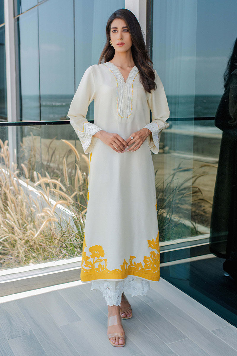 Ivory Appliqué Raw Silk Salwar Kameez (3-Piece) - Image 1