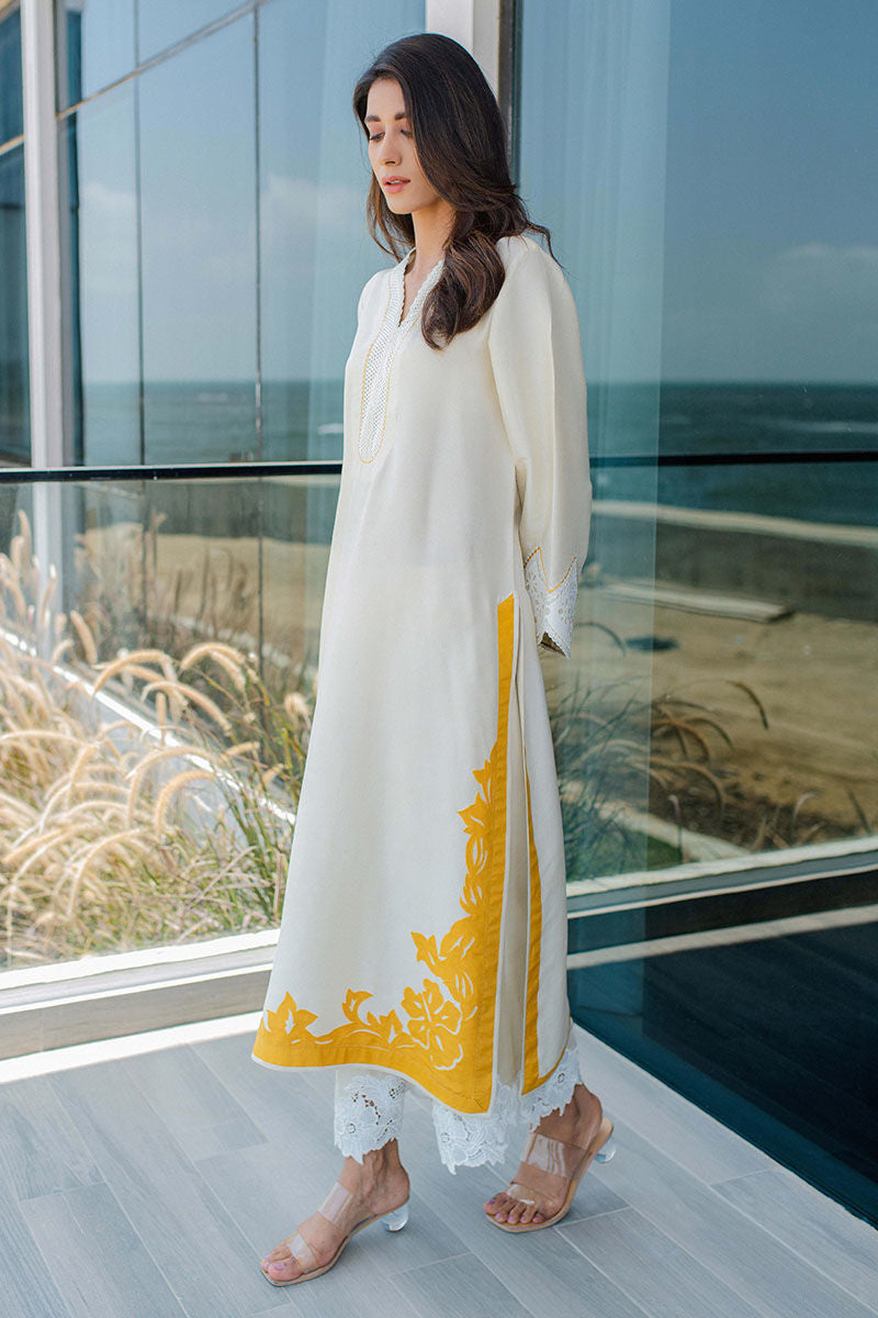 Ivory Appliqué Raw Silk Salwar Kameez (3-Piece) - Image 4