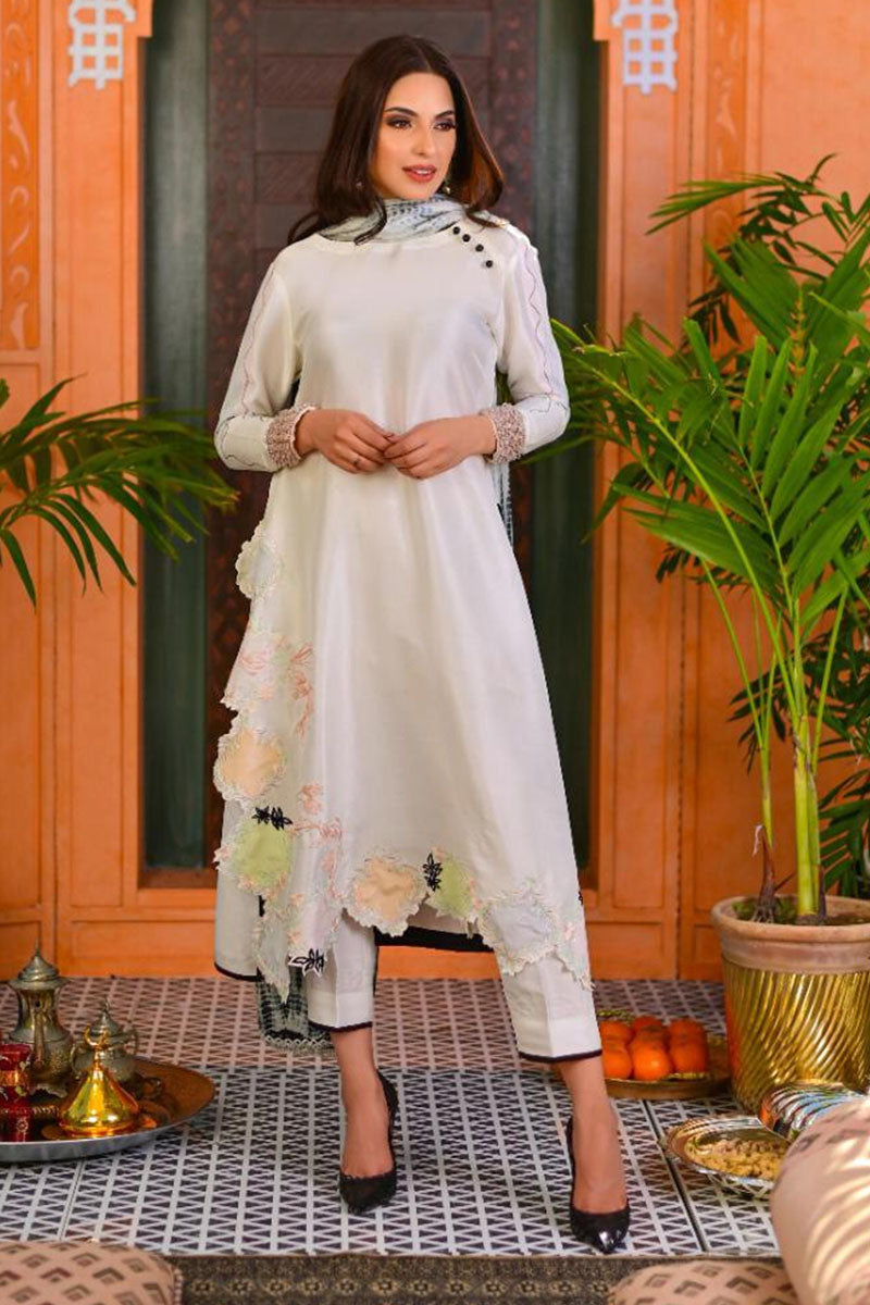 Pakistani Neutral Pastel Appliqué Raw Silk Salwar Kameez (3-Piece) - Image 1