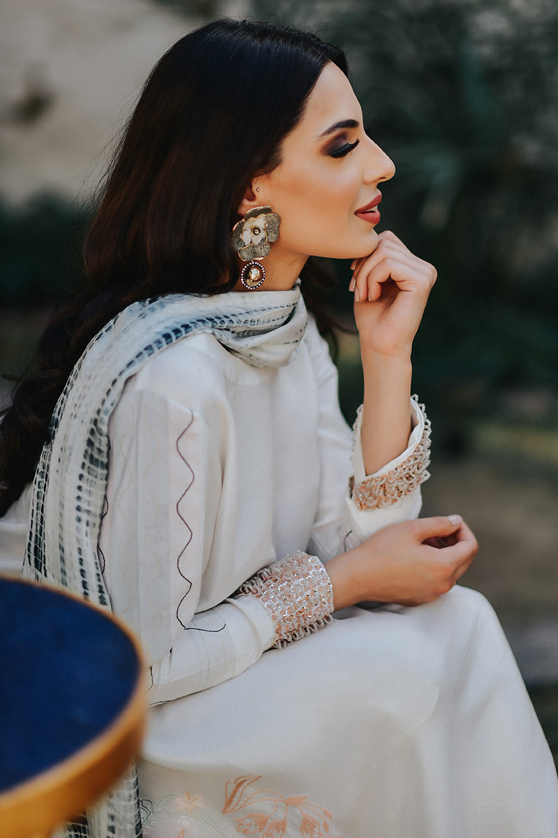 Pakistani Neutral Pastel Appliqué Raw Silk Salwar Kameez (3-Piece) - Image 2