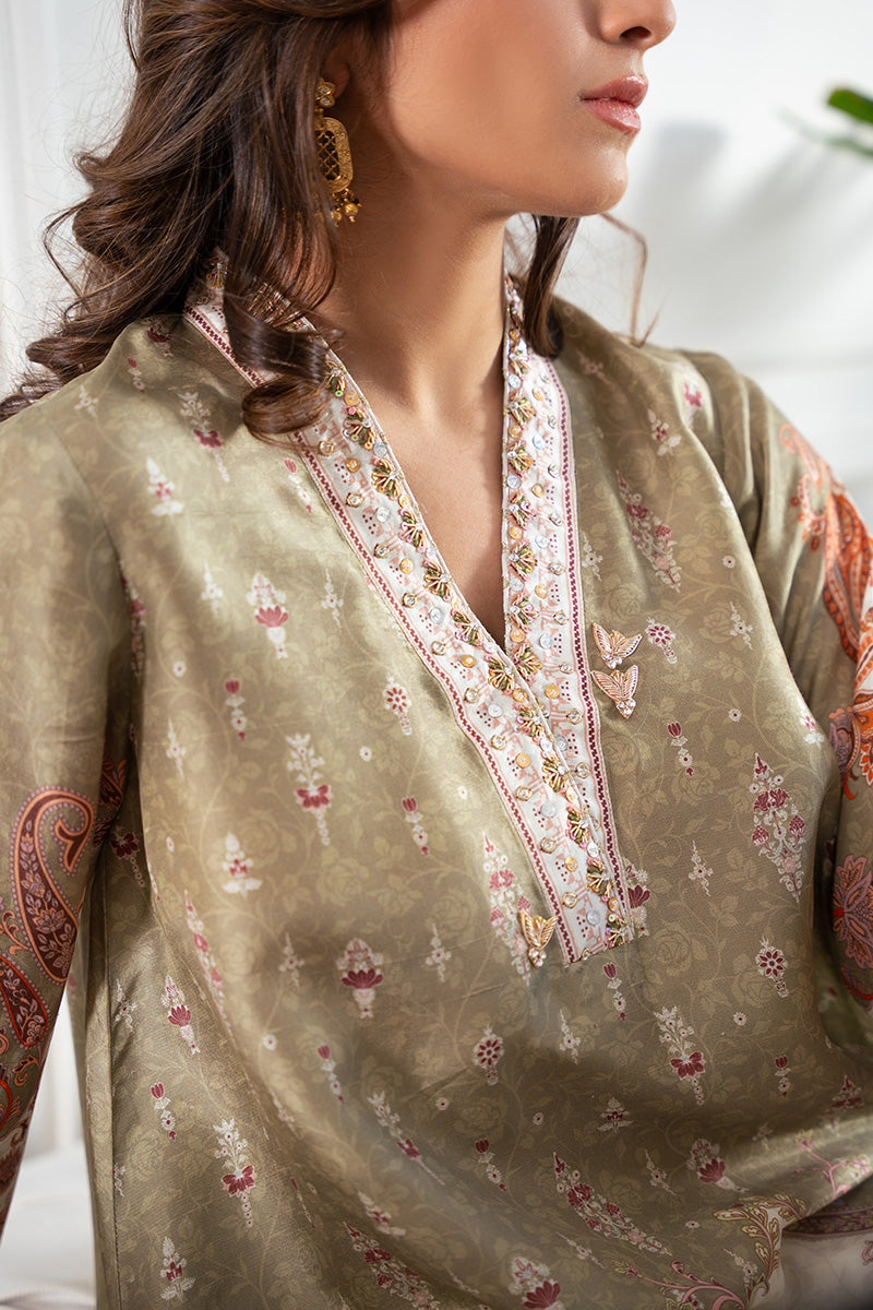 Pakistani Ivory & Sage Embroidered Silk Salwar Kameez (3-Piece) - Image 3