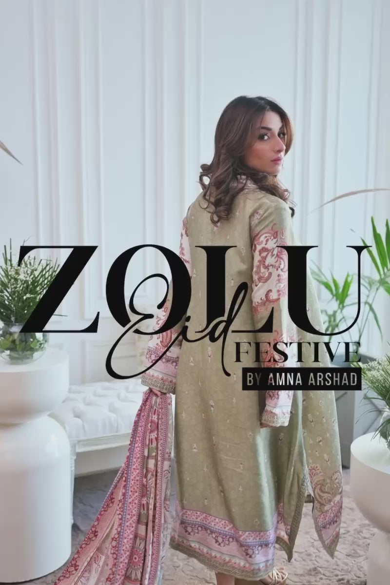 Pakistani Ivory & Sage Embroidered Silk Salwar Kameez (3-Piece) - Image 7