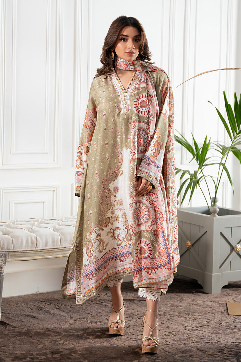 Ivory & Sage Embroidered Silk Salwar Kameez (3-Piece) - Image 1