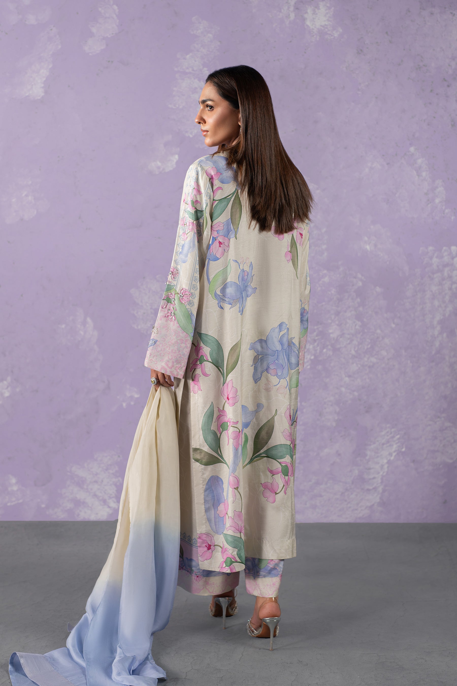 Ivory Floral Embellished Blended Raw Silk Salwar Kameez (3-Piece) - Image 4