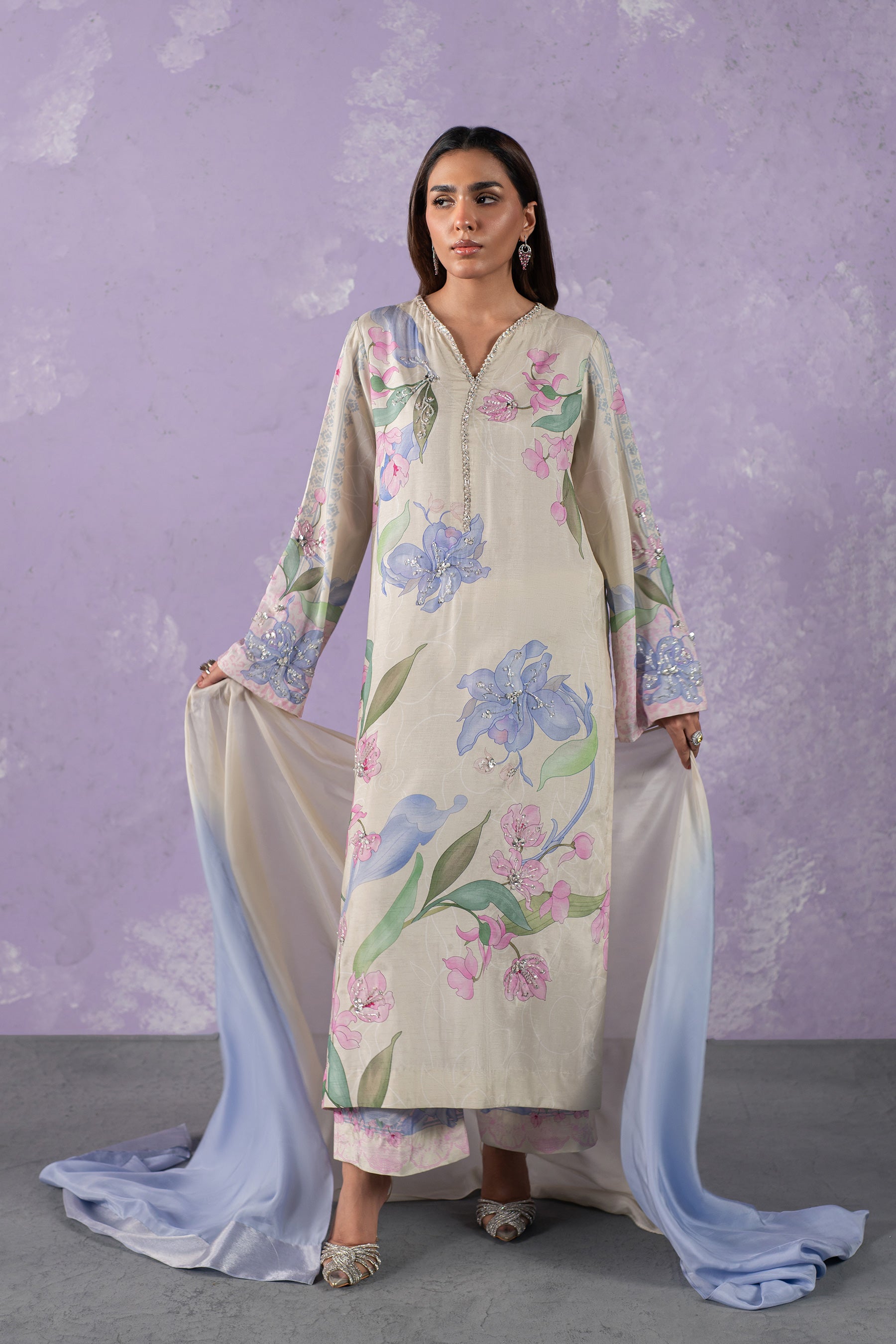 Pakistani Ivory Floral Embellished Raw Silk 3-Piece Set - Image 1