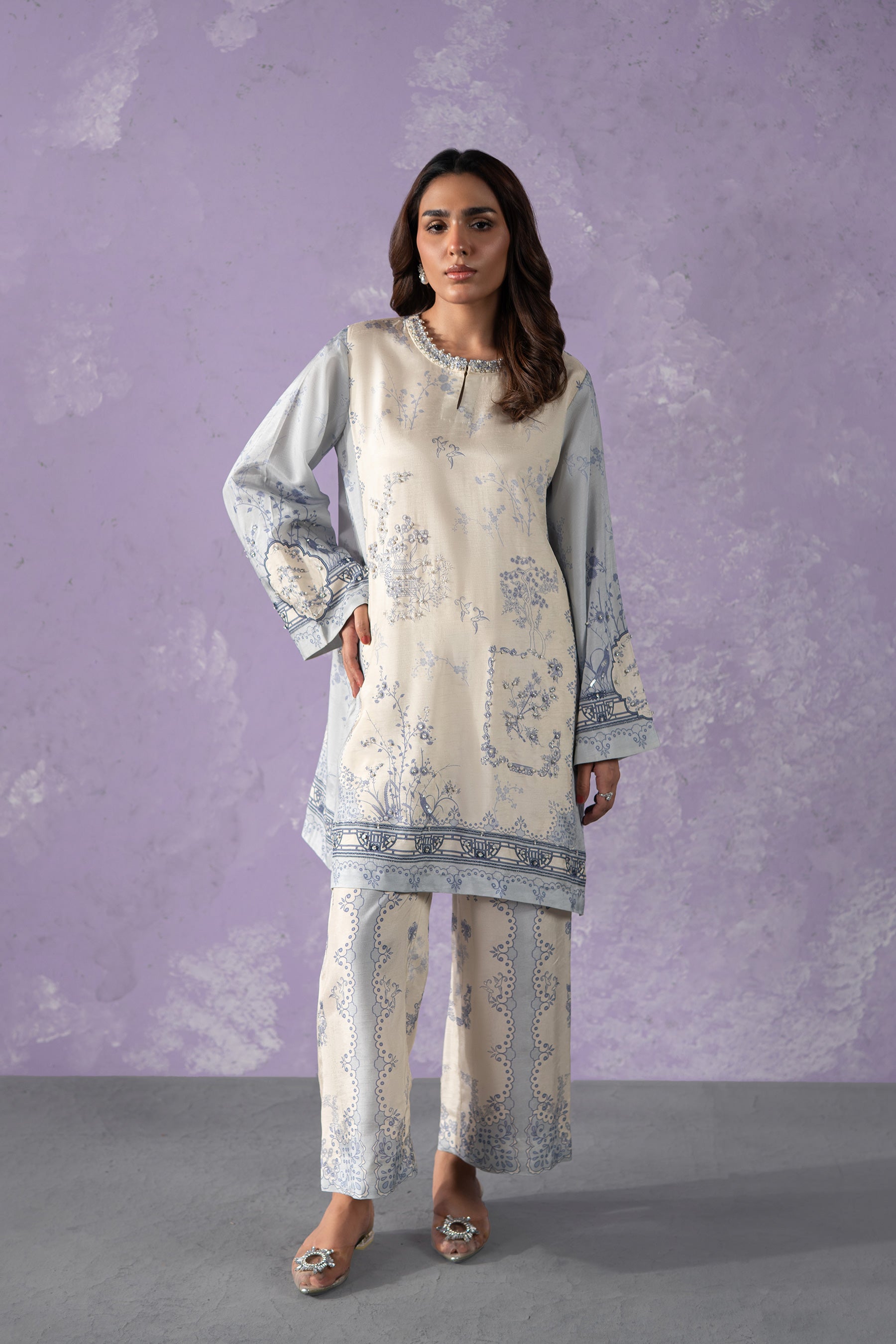 Pakistani Ivory Blue Crystal Pearl Silk Matching Set (2-Piece) - Image 1