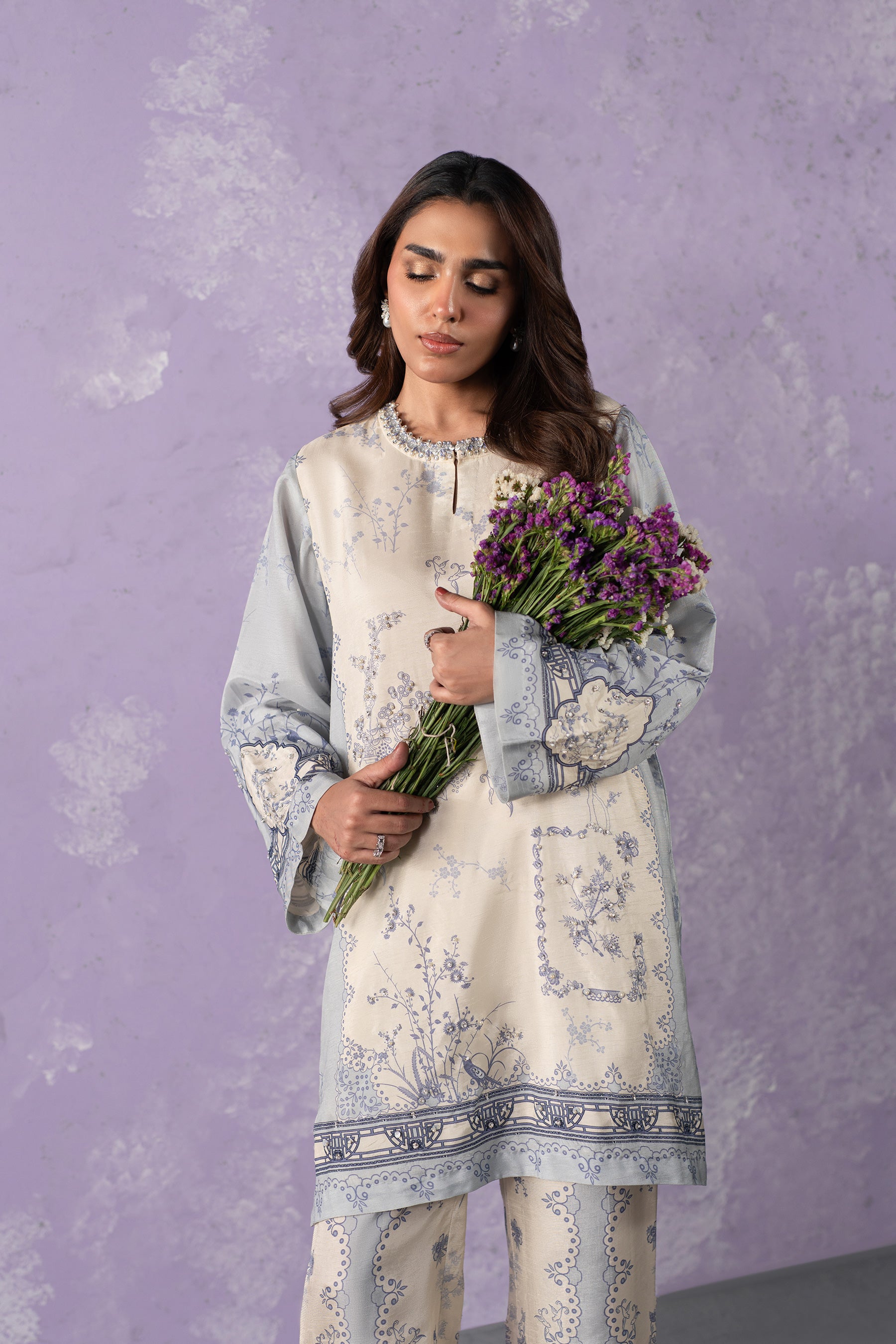 Ivory Blue Crystal Pearl Silk Salwar Kameez (2-Piece) - Image 3