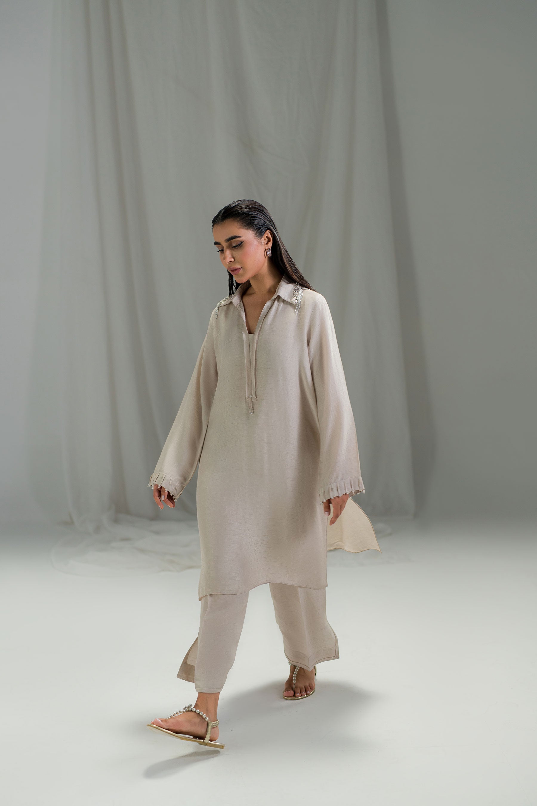 Pakistani Ivory Crystal & Pearl Raw Silk Co-ord Set (2-Piece) - Image 2