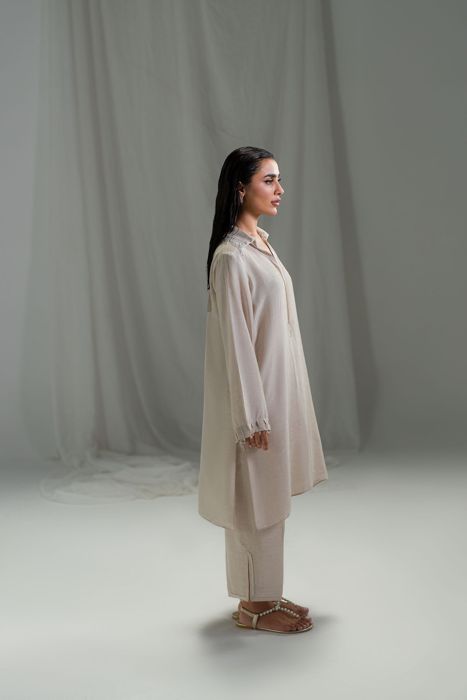 Pakistani Ivory Crystal & Pearl Raw Silk Co-ord Set (2-Piece) - Image 5