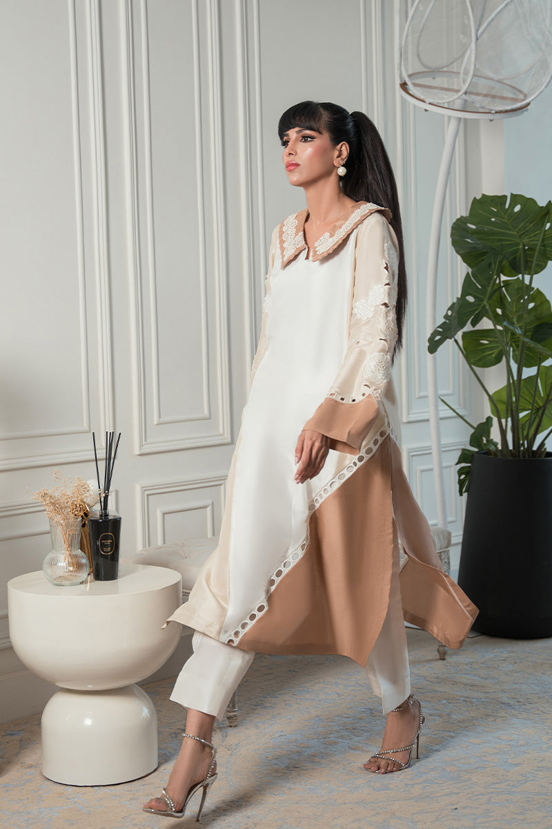 Beige & Ivory Cutwork Pure Raw Silk Salwar Kameez (2-Piece) - Image 5