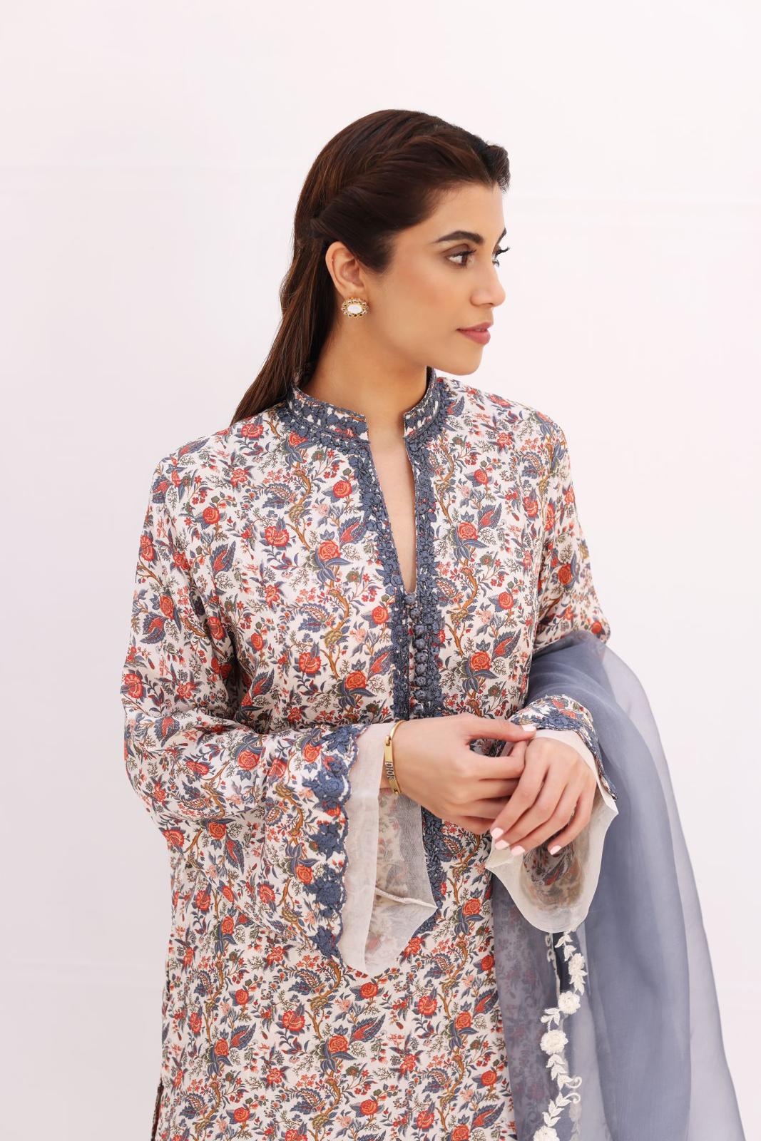 Ivory Multi-Colour Printed Raw Silk Salwar Kameez (3-Piece) - Image 1