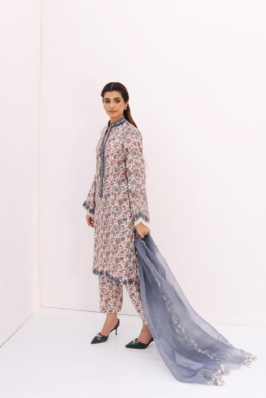 Ivory Multi-Colour Printed Raw Silk Salwar Kameez (3-Piece) - Image 3