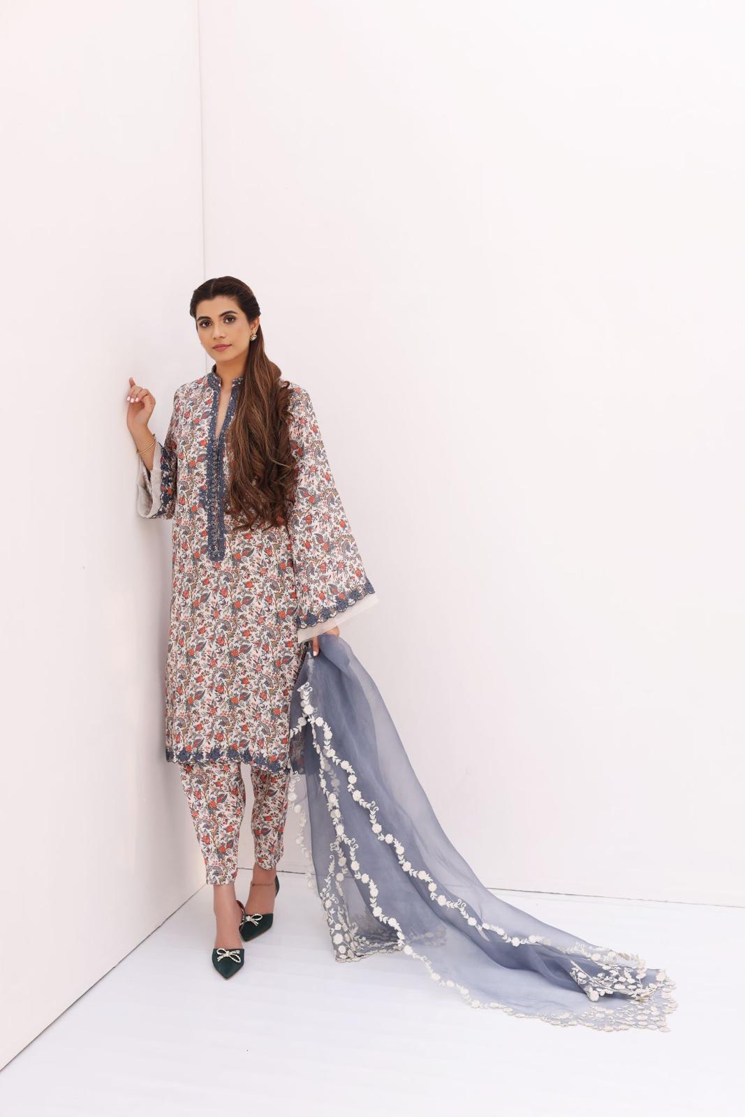 Ivory Multi-Colour Printed Raw Silk Salwar Kameez (3-Piece) - Image 4