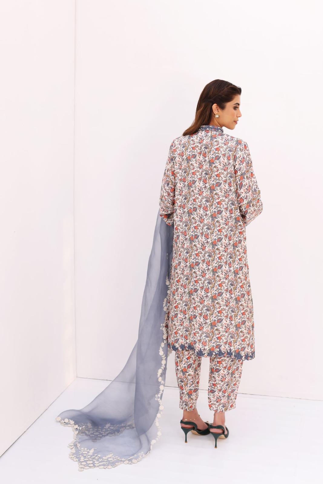 Ivory Multi-Colour Printed Raw Silk Salwar Kameez (3-Piece) - Image 5