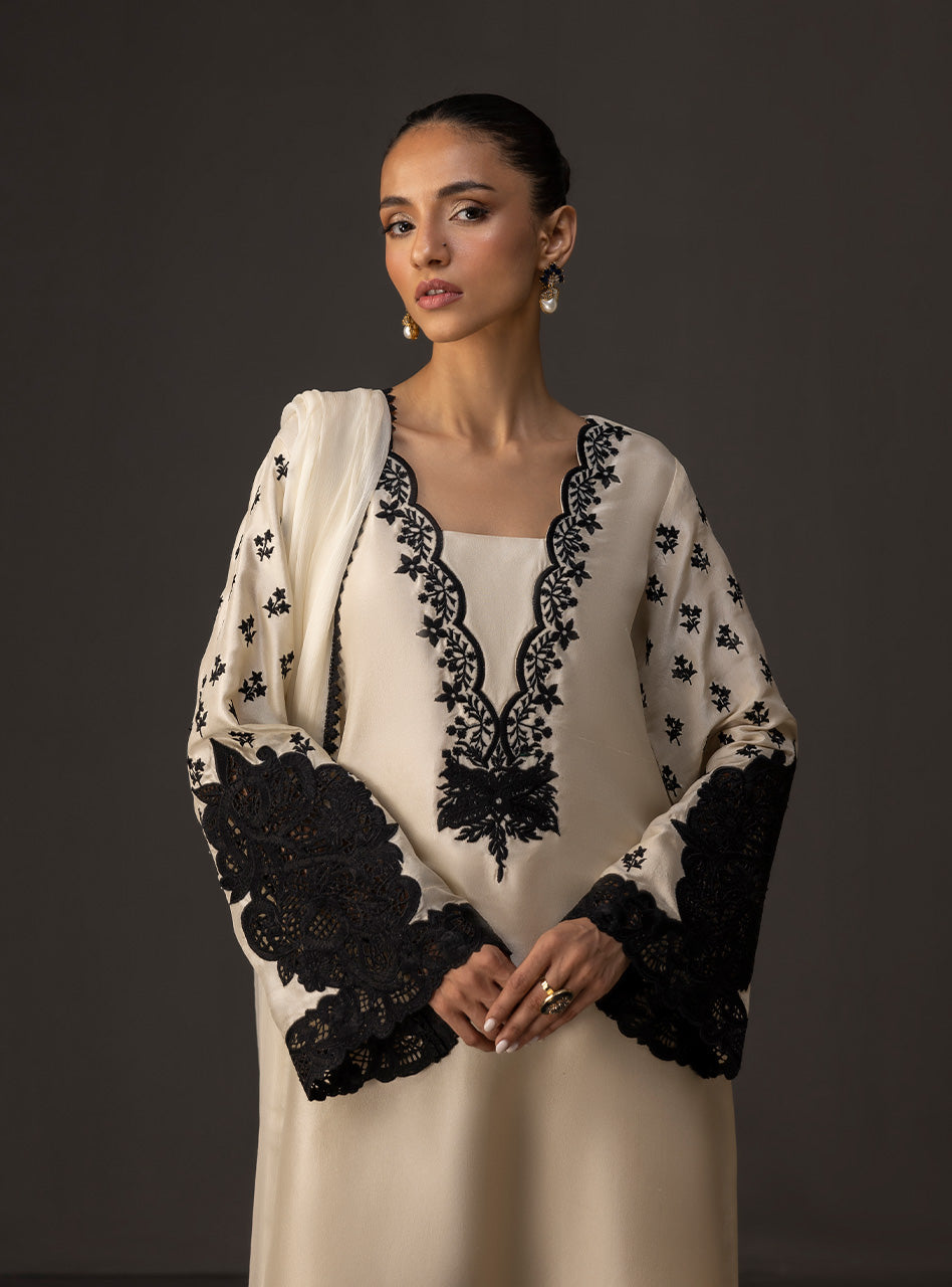 Pakistani Pearl Ivory Black Embroidered Raw Silk Salwar Kameez (3-Piece) - Image 2