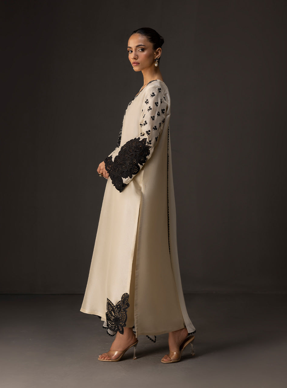 Pakistani Pearl Ivory Black Embroidered Raw Silk Salwar Kameez (3-Piece) - Image 3