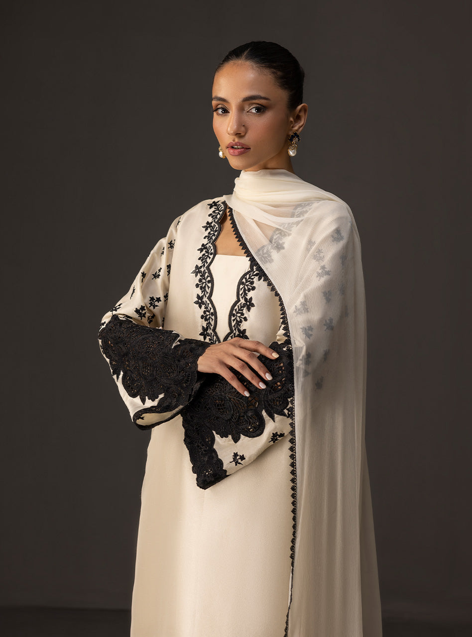 Pakistani Pearl Ivory Black Embroidered Raw Silk Salwar Kameez (3-Piece) - Image 6