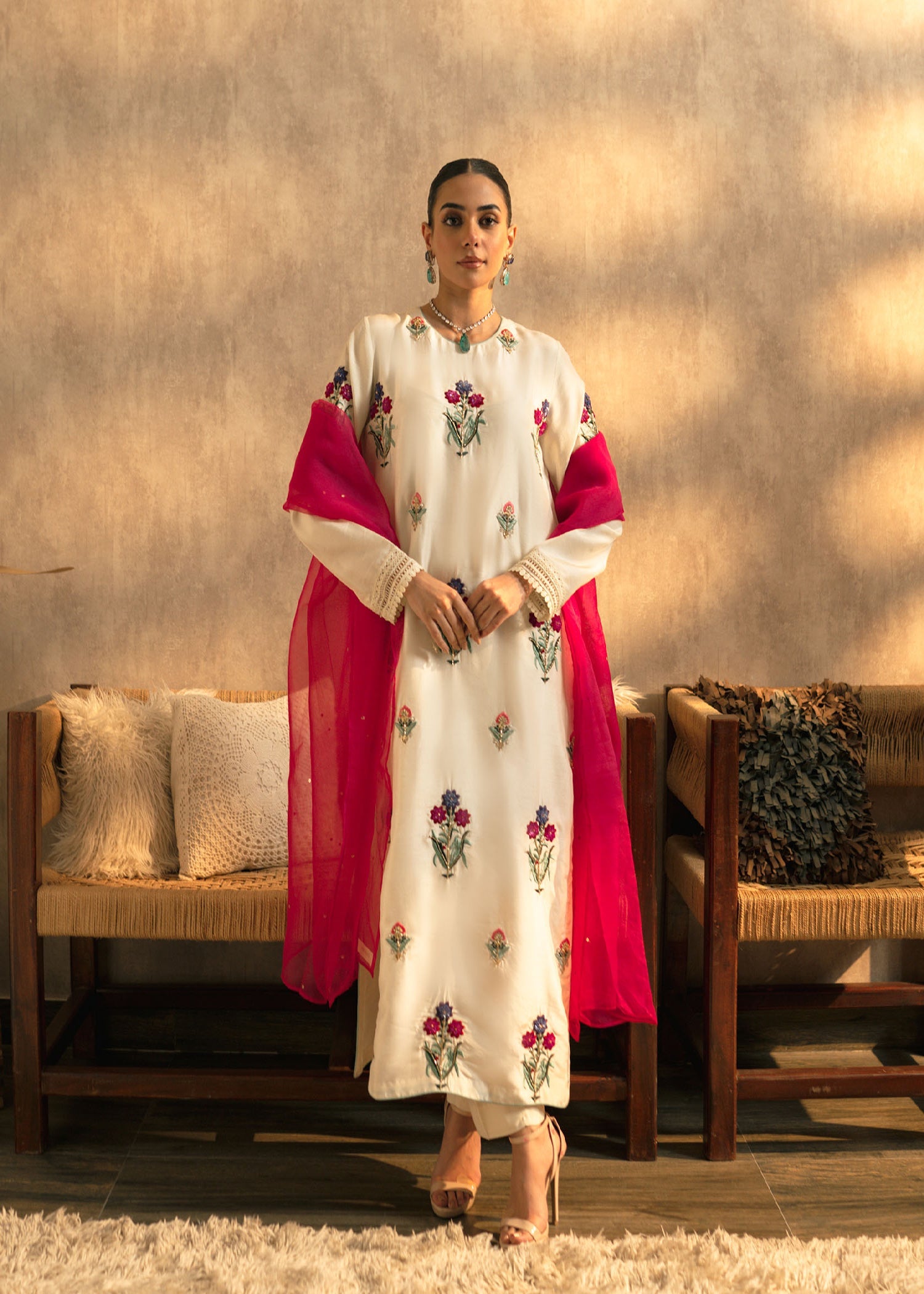 Pakistani Ivory Floral Embroidered Raw Silk Kurta Set (3-Piece) - Image 1