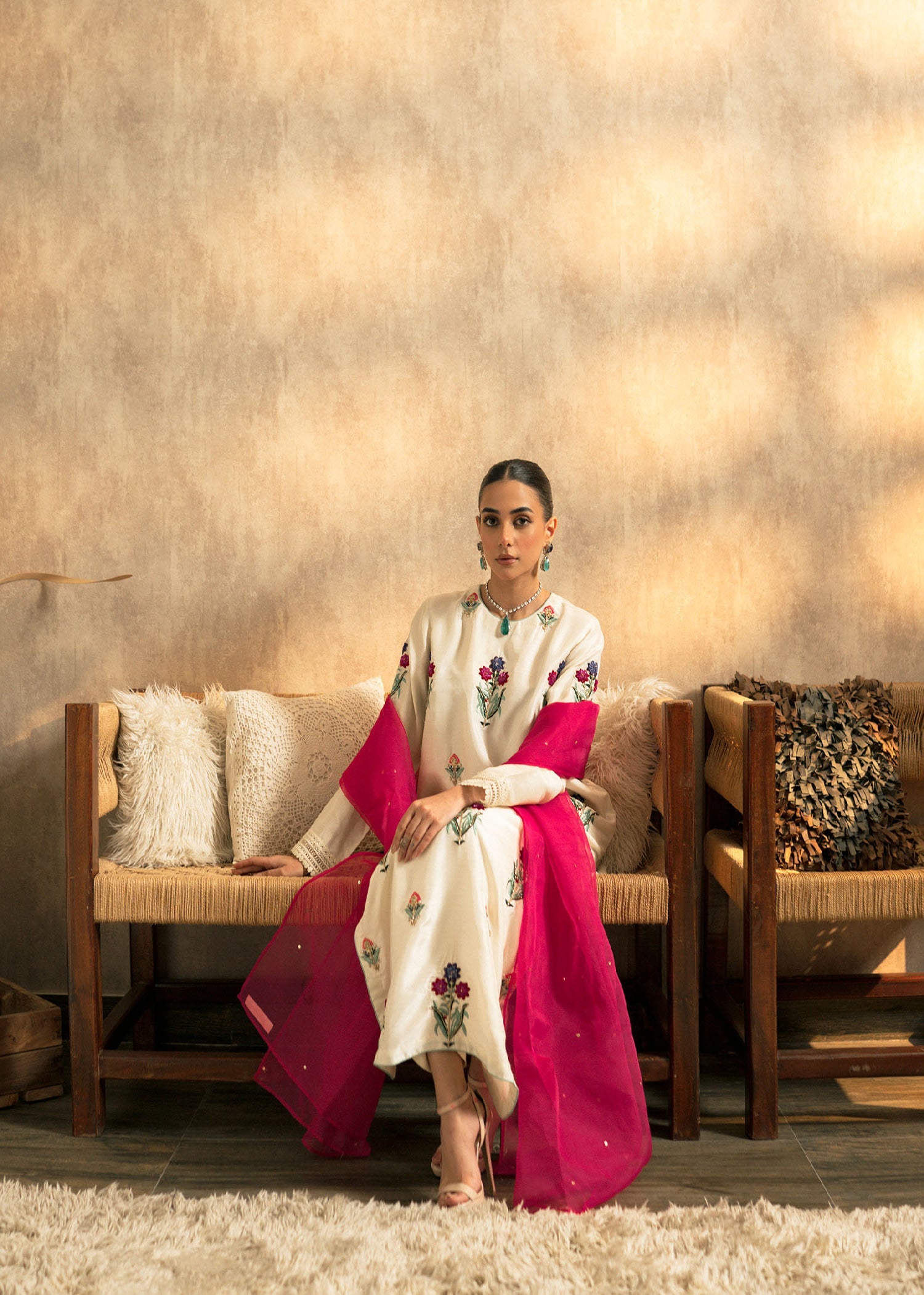 Pakistani Ivory Floral Embroidered Raw Silk Kurta Set (3-Piece) - Image 3