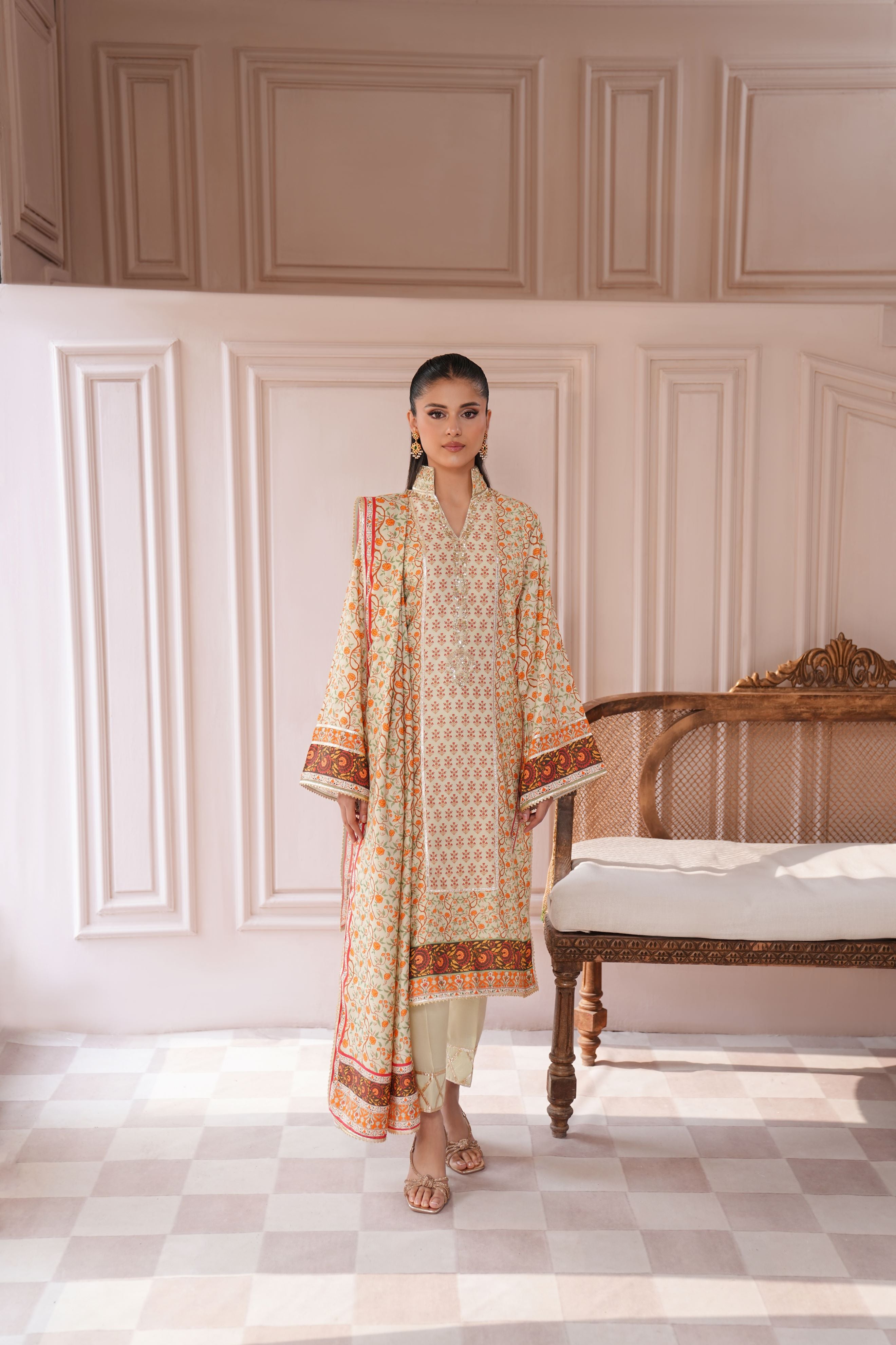 Ivory & Orange Gold Embroidered Raw Silk Kameez (3-Piece) - Image 1