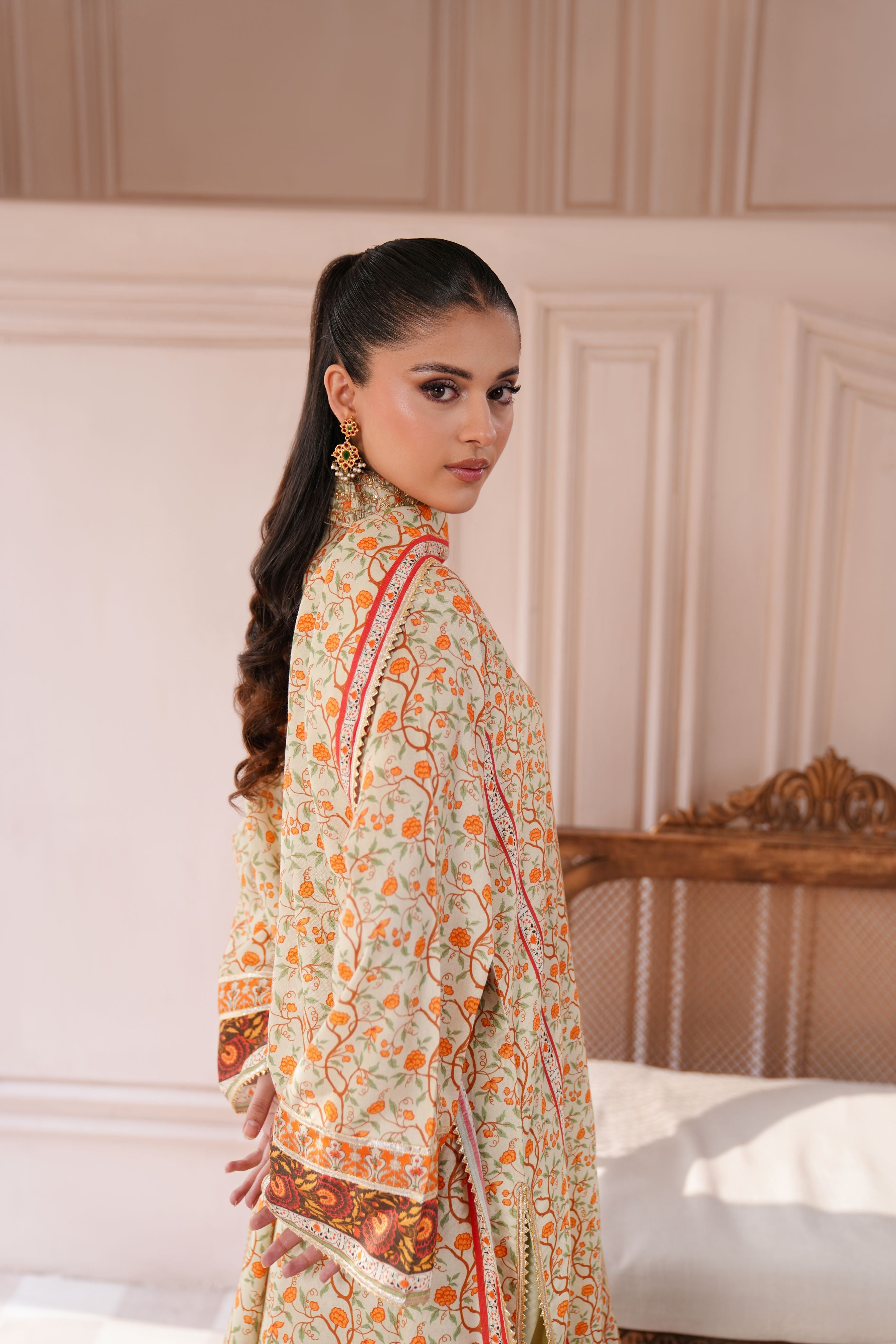 Ivory & Orange Gold Embroidered Raw Silk Kameez (3-Piece) - Image 2