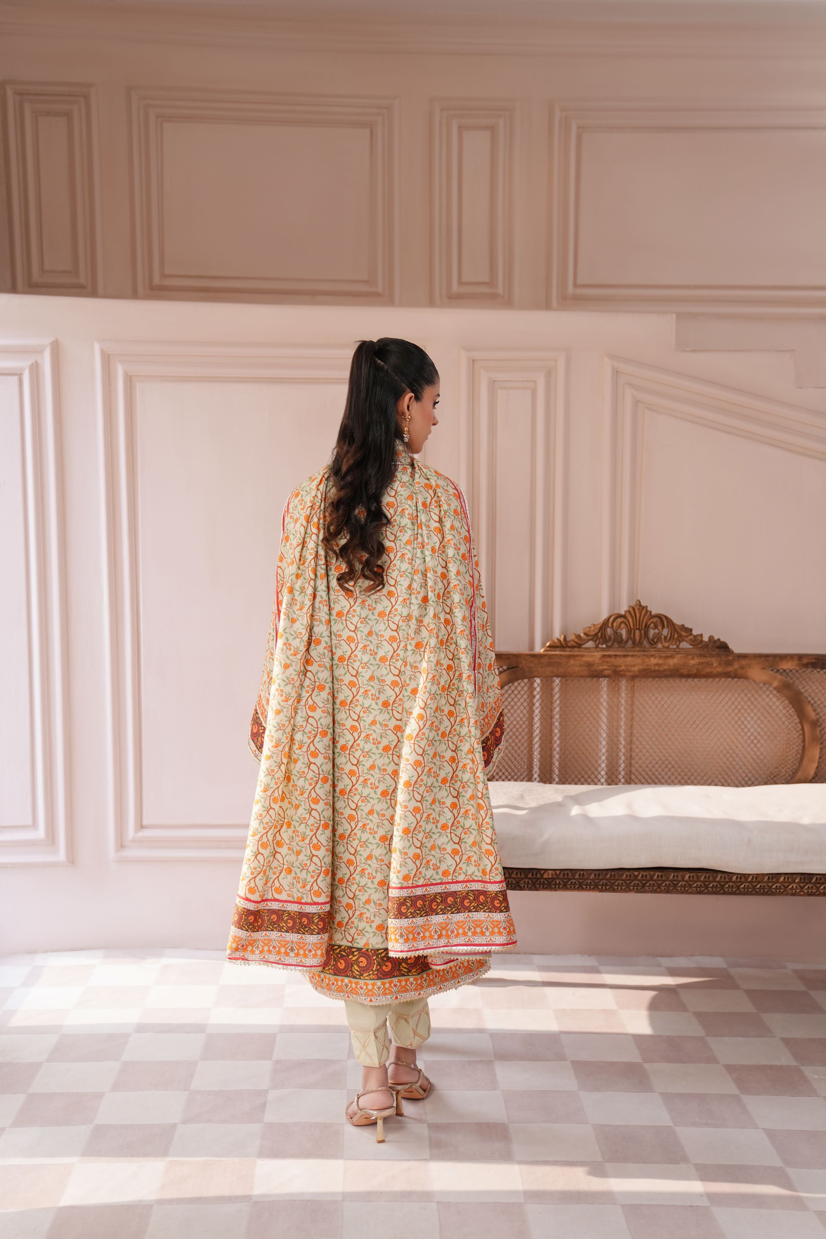 Ivory & Orange Gold Embroidered Raw Silk Kameez (3-Piece) - Image 3