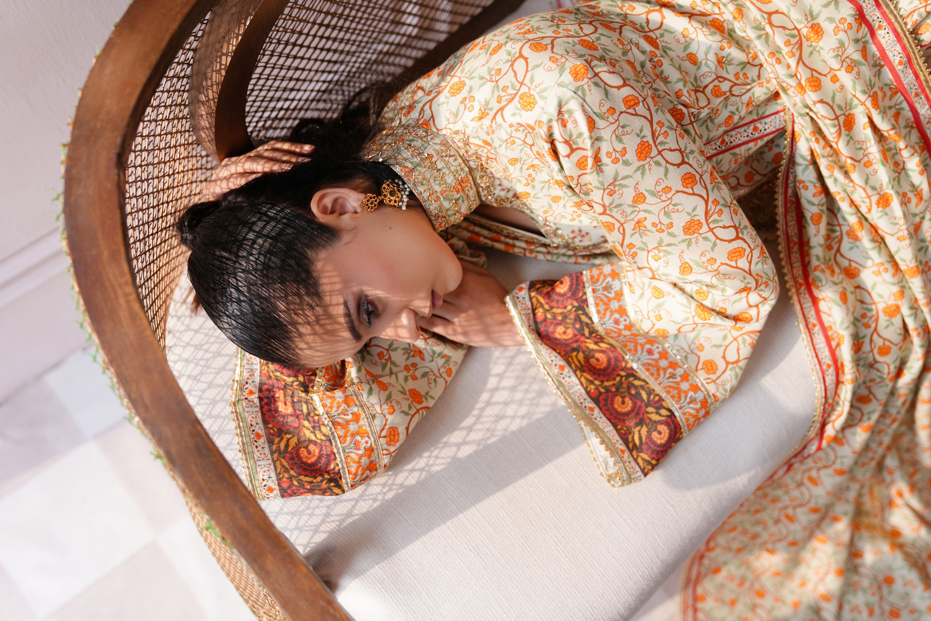 Ivory & Orange Gold Embroidered Raw Silk Kameez (3-Piece) - Image 4