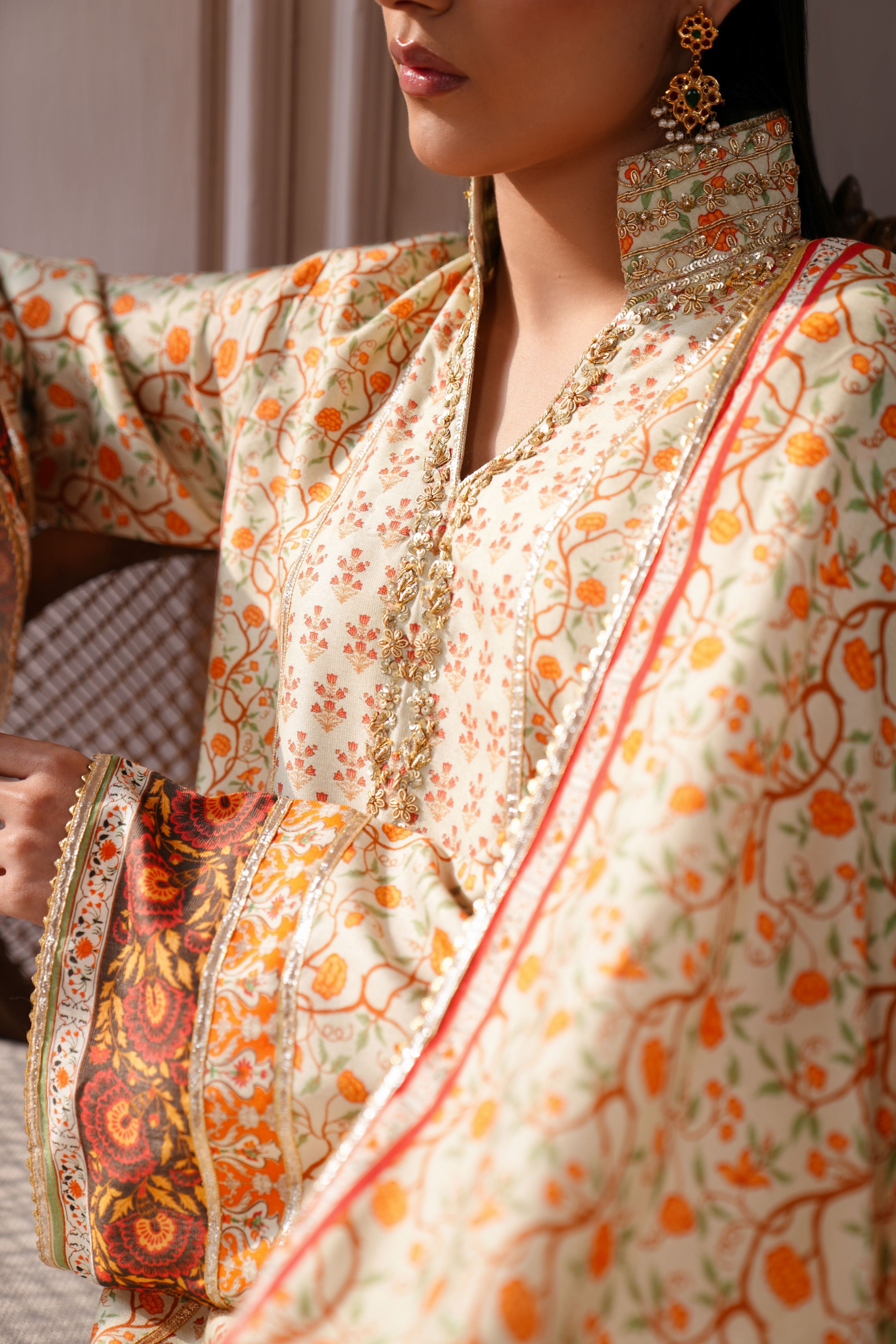 Ivory & Orange Gold Embroidered Raw Silk Kameez (3-Piece) - Image 6