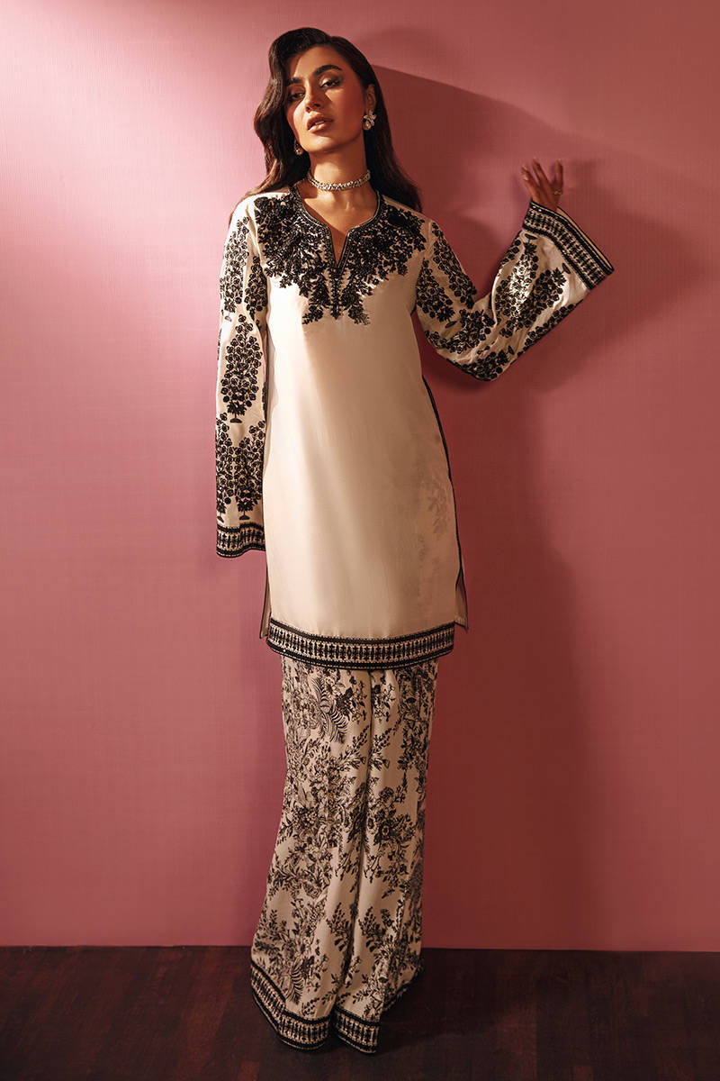 Ivory Black Embroidered Raw Silk Short Shirt (3-Piece) - Image 1