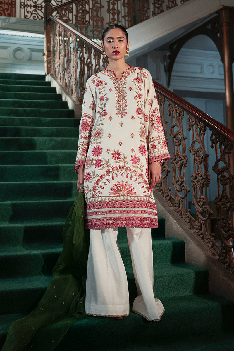 Off-White Embroidered Korean Raw Silk Salwar Kameez (3-Piece) - Image 1