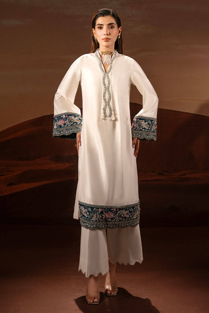 Ivory Embroidered Raw Silk Salwar Kameez (3-Piece) - Image 1