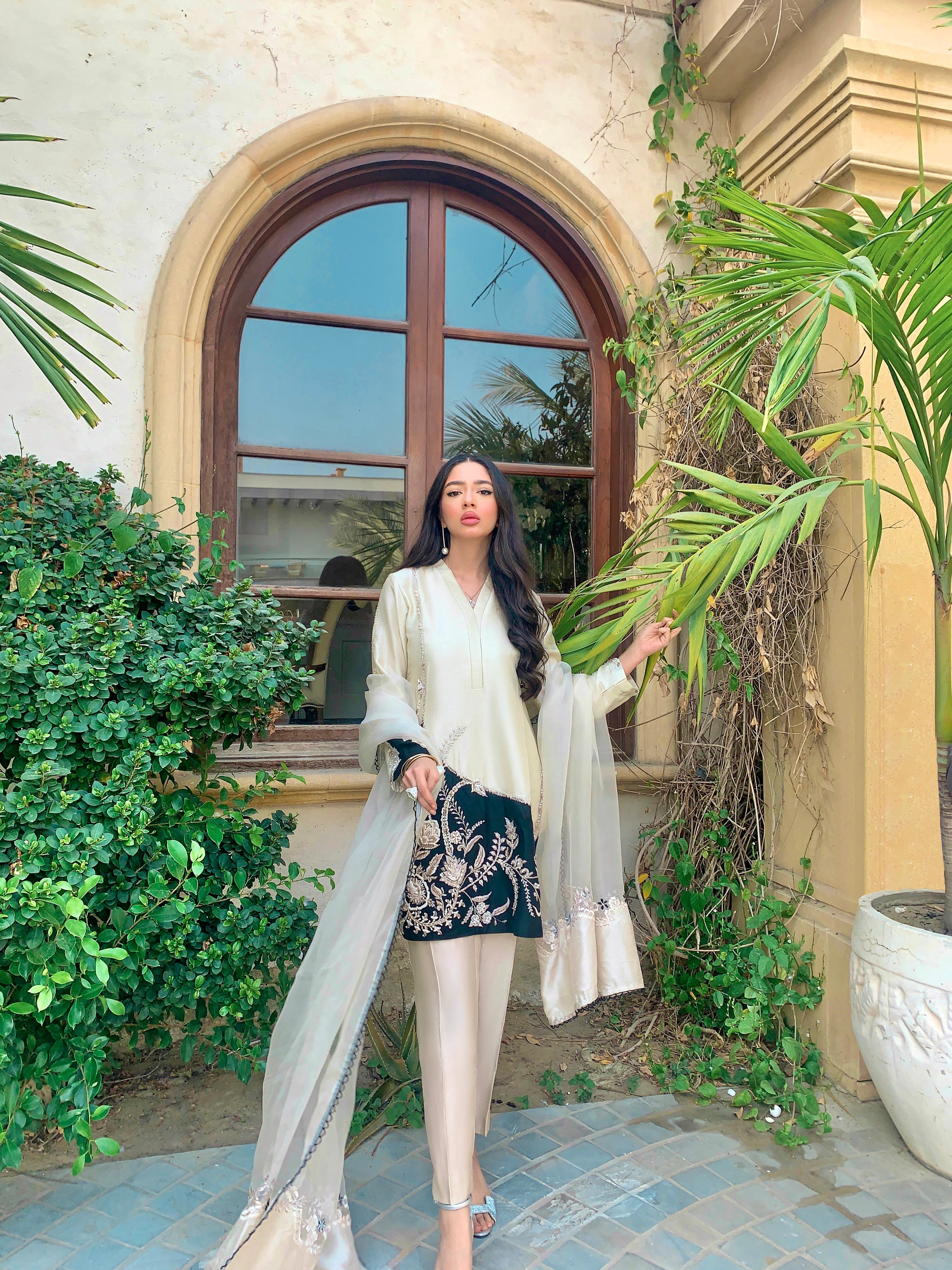 Pakistani Ivory Embroidered Raw Silk Salwar Kameez (3-Piece) - Image 2