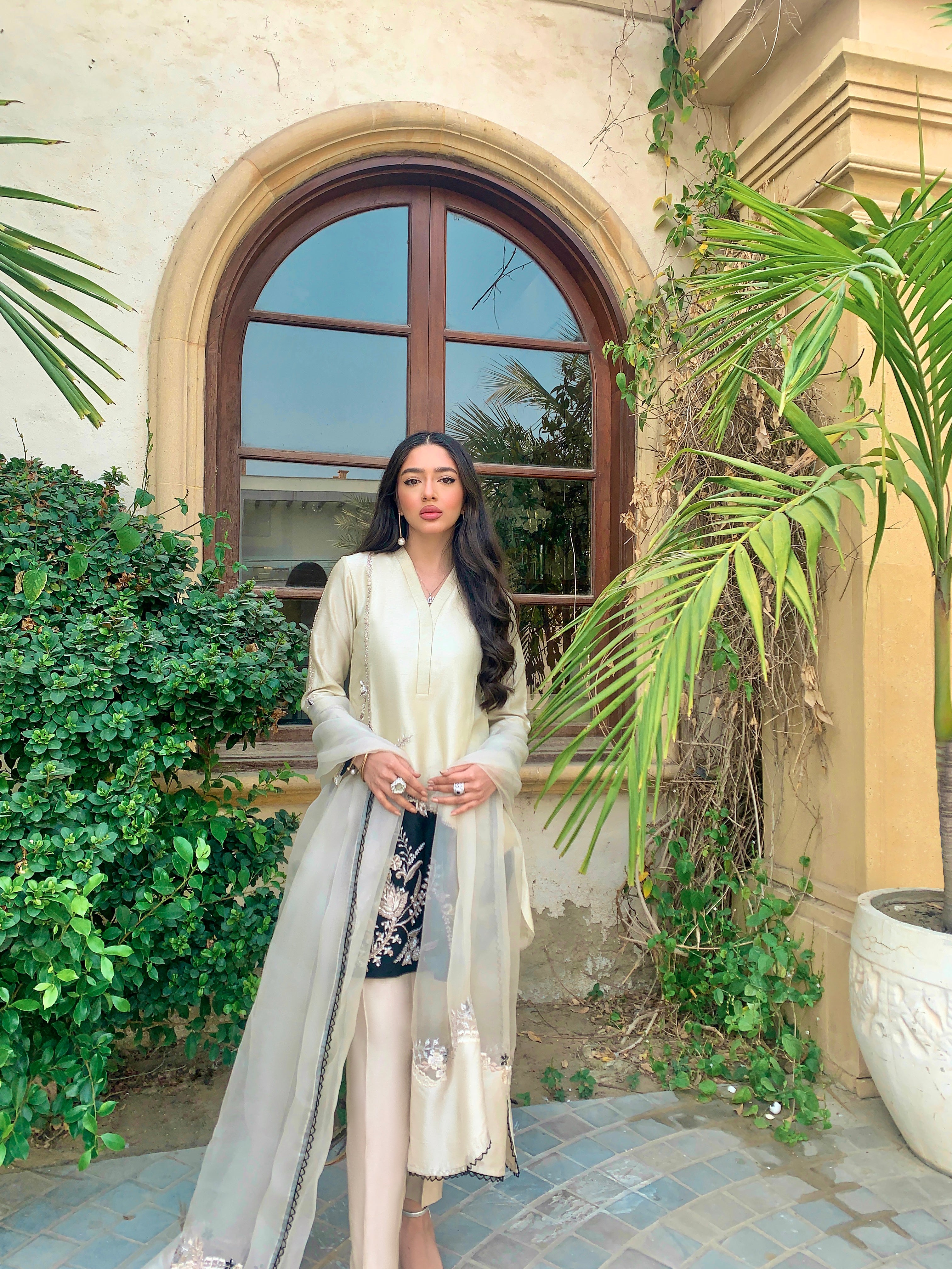 Pakistani Ivory Embroidered Raw Silk Salwar Kameez (3-Piece) - Image 3