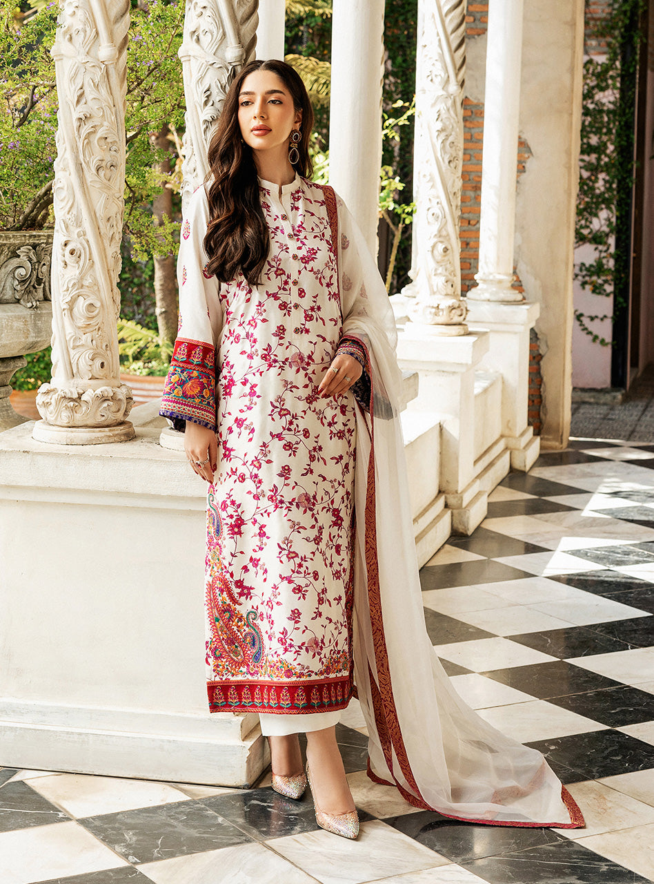 Ivory Kashmiri Embroidered Raw Silk Salwar Kameez (3-Piece) - Image 1