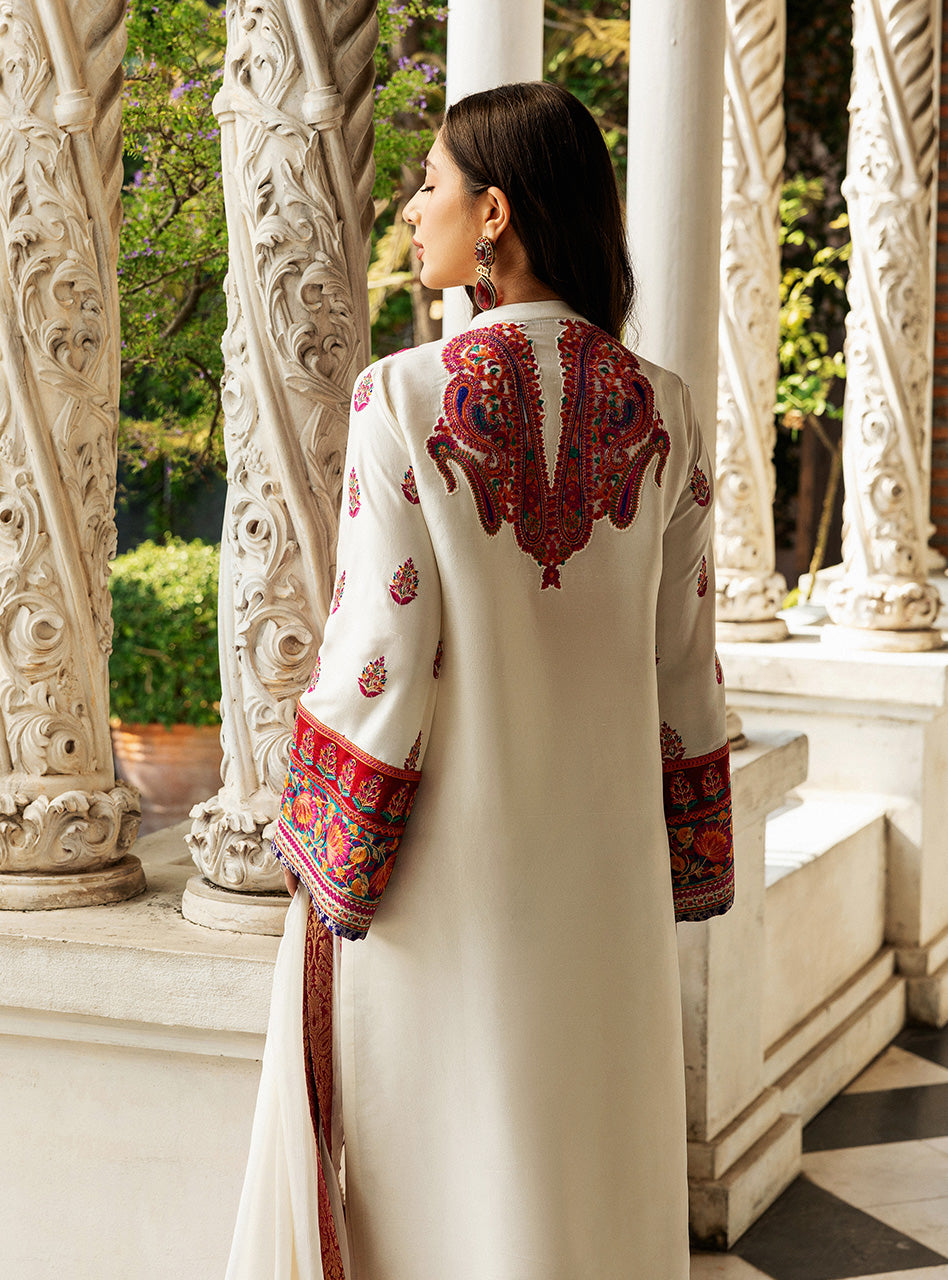Ivory Kashmiri Embroidered Raw Silk Salwar Kameez (3-Piece) - Image 3