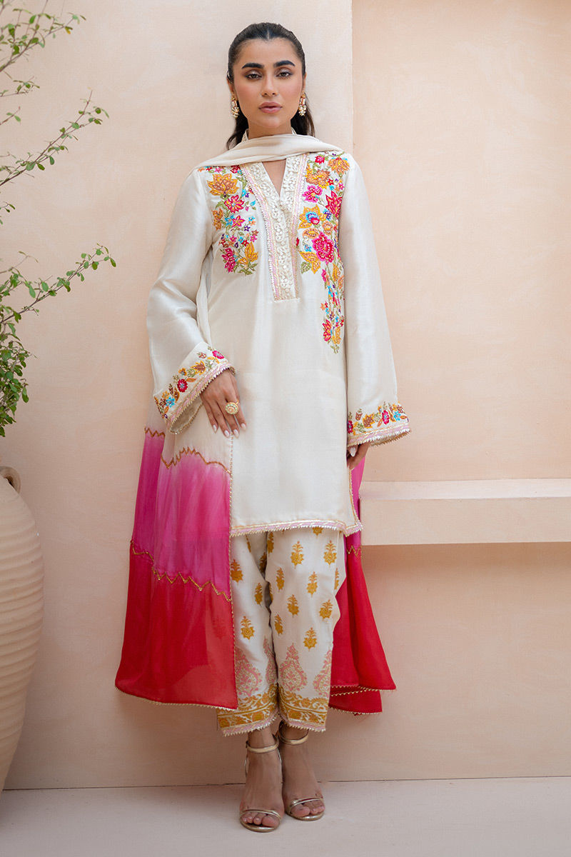 Ivory Embroidered Raw Silk Salwar Kameez (3-Piece) - Image 1