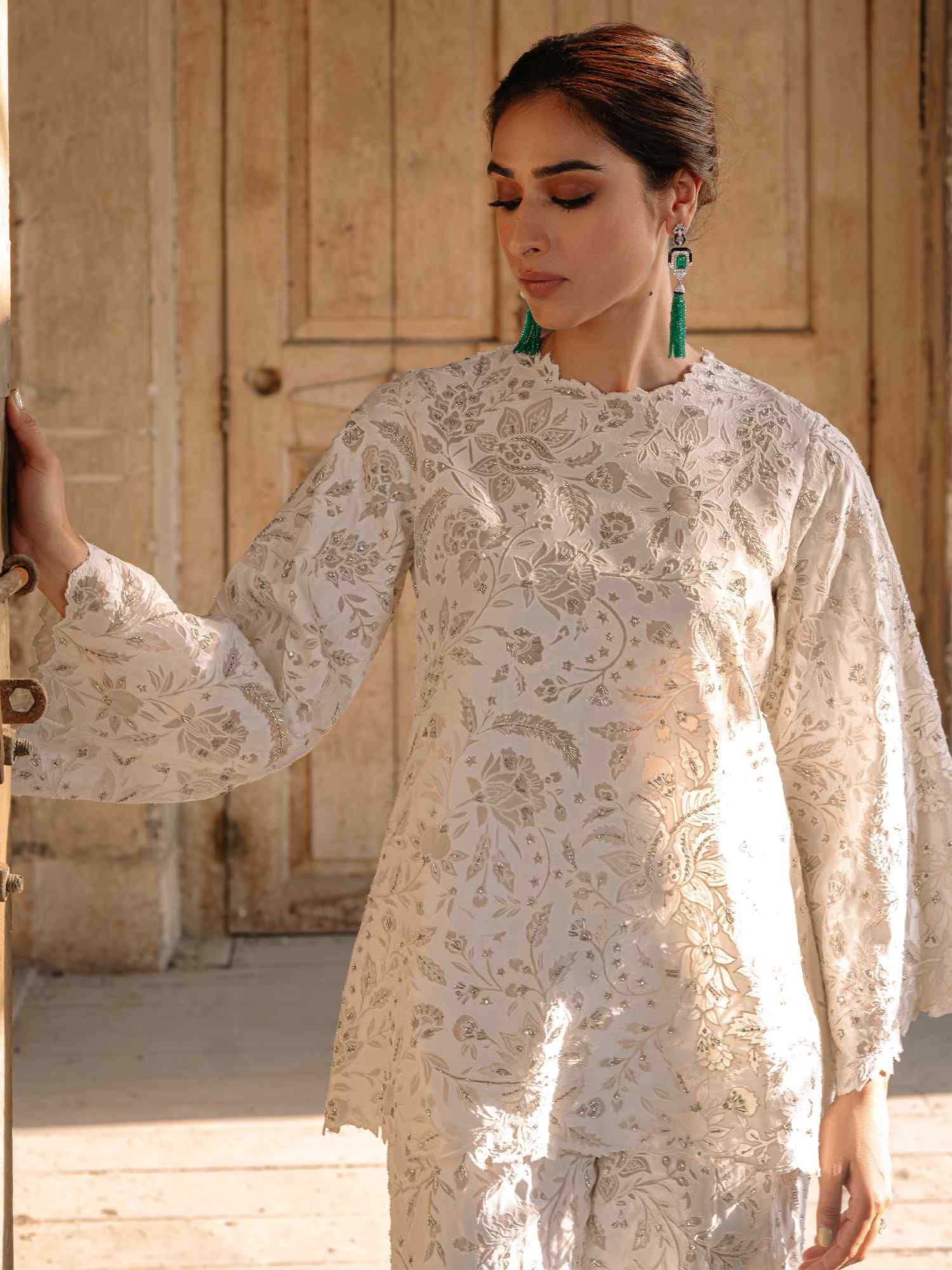 Pakistani Ivory Reverse Appliqué Raw Silk Salwar Kameez (2-Piece) - Image 2