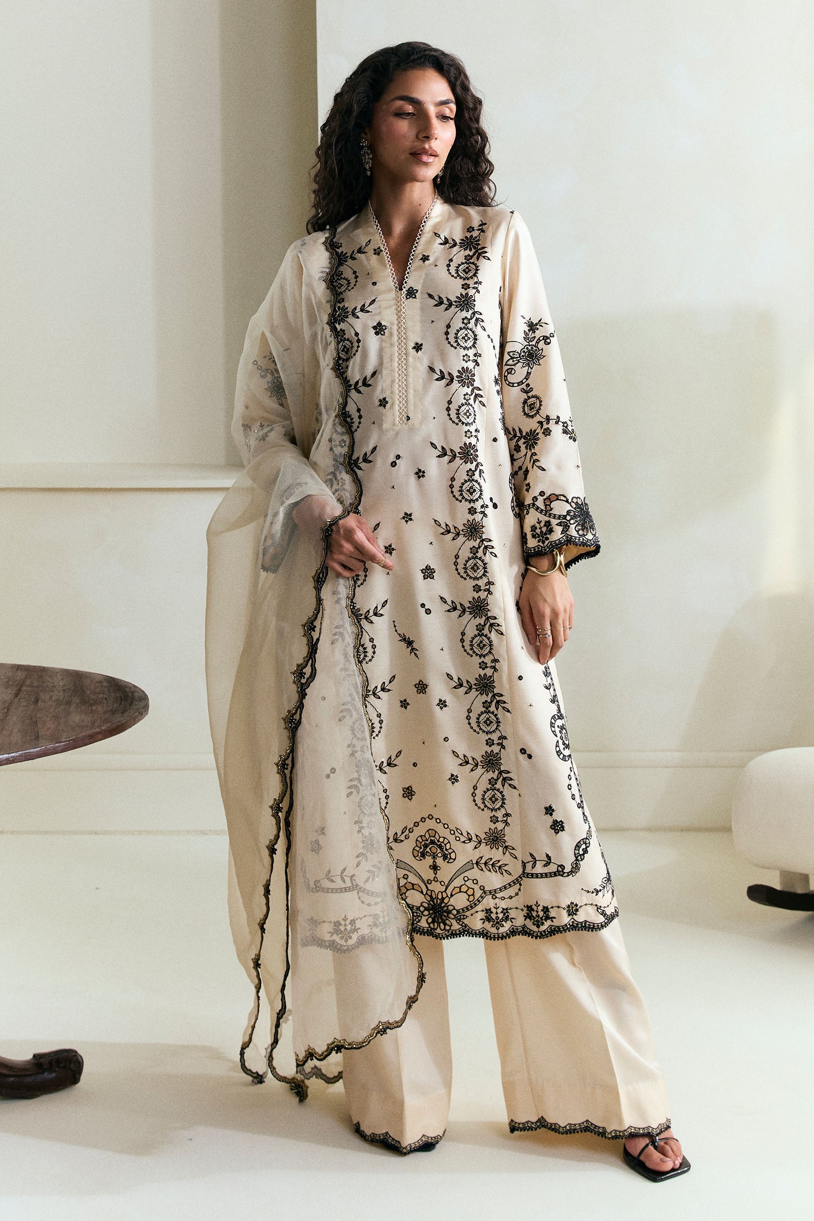 Pakistani Warm Ivory Embroidered Raw Silk Salwar Kameez (3-Piece) - Image 1