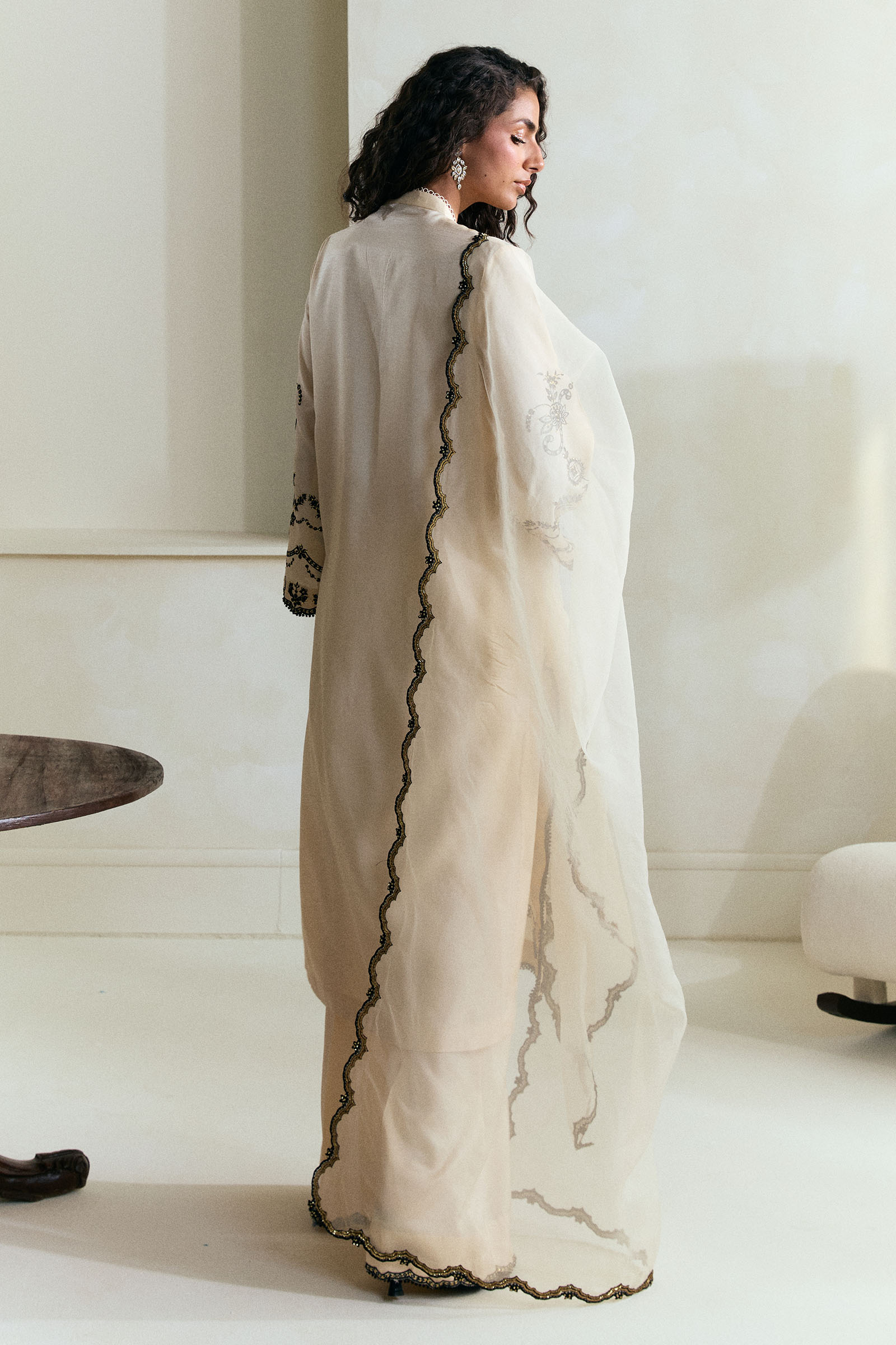 Pakistani Warm Ivory Embroidered Raw Silk Salwar Kameez (3-Piece) - Image 2