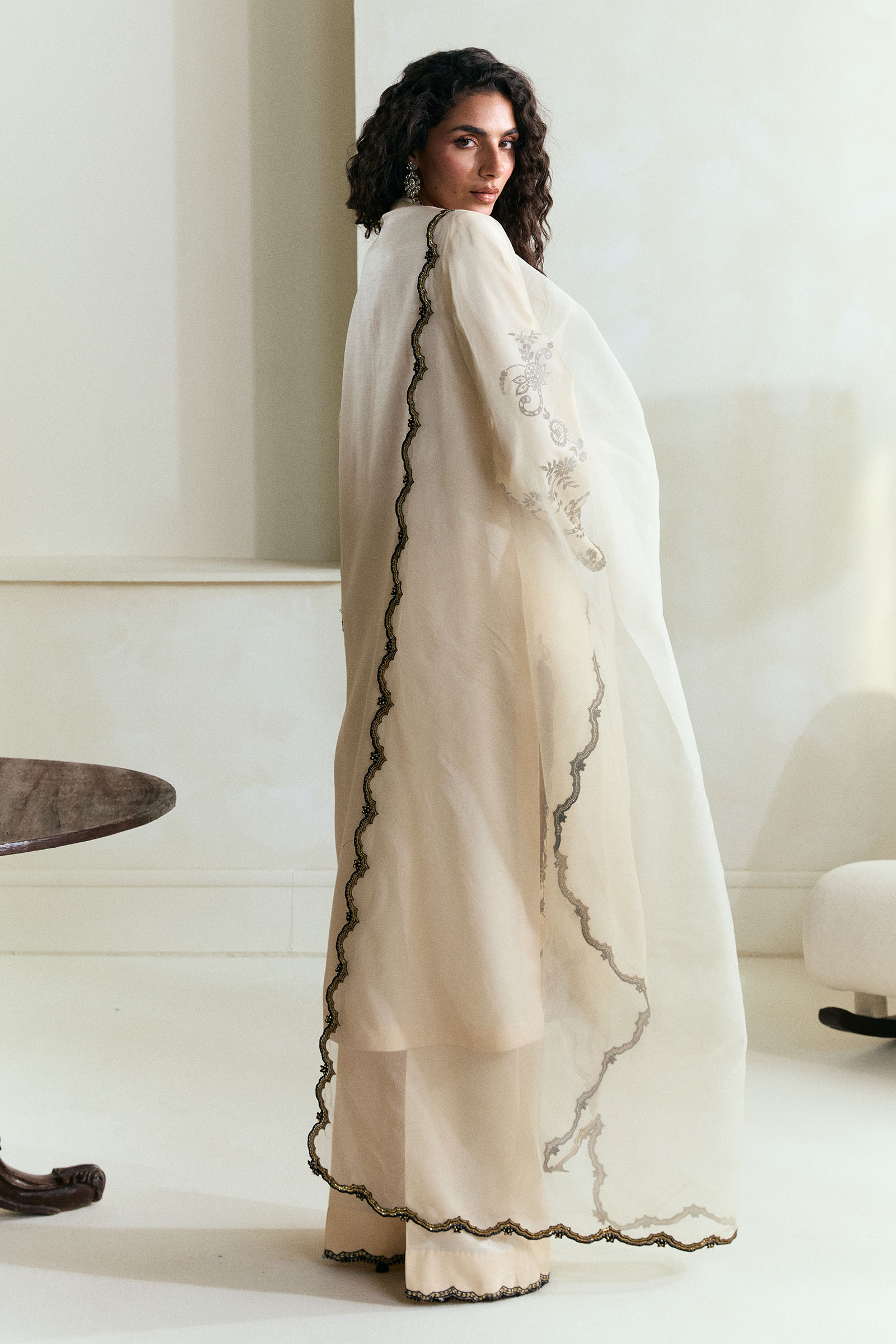 Pakistani Warm Ivory Embroidered Raw Silk Salwar Kameez (3-Piece) - Image 4