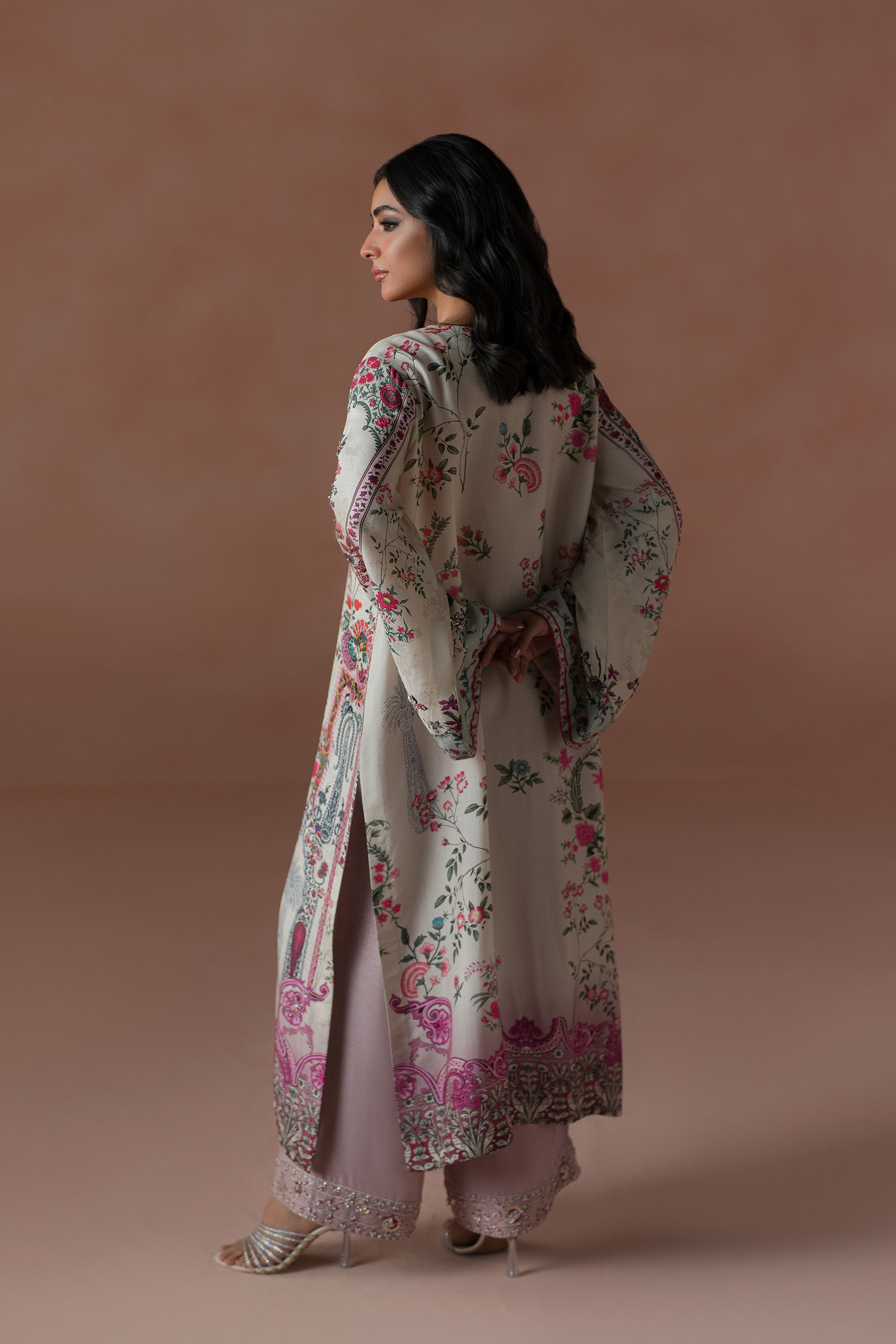 Pakistani Ivory Multi-Toned Embroidered Silk Salwar Kameez (3-Piece) - Image 5
