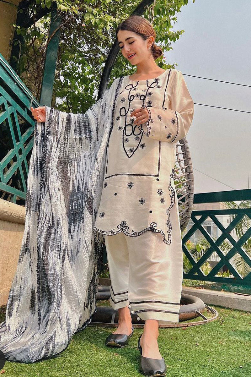 Ivory Black Embroidered Pure Raw Silk Salwar Kameez (3-Piece) - Image 1